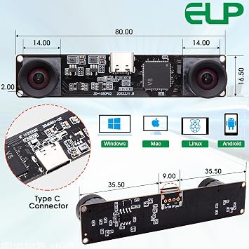 Webcamera_usb 4MP Dual Lens USB Camera Module Synchronization Webcam Board 1080P High Speed 60fps Lightburn Camera Mini Laser Engraver Camera for Computer Raspberry Pi (85degree no Distortion Lens)