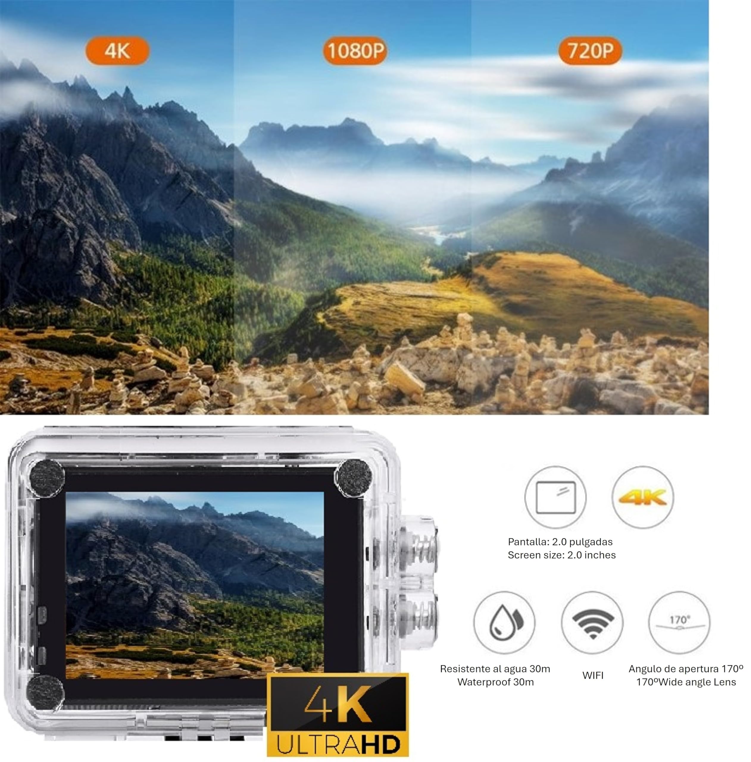 Cámara Deportiva y Accion 4K 30FPS, 20MP, Sumergible, Resistente al agua, Videocámara de Casco, WiFi con EIS Antivibración, Cámara Subacuática Buceo 30M con Micrófono Integrado, con Accesorios