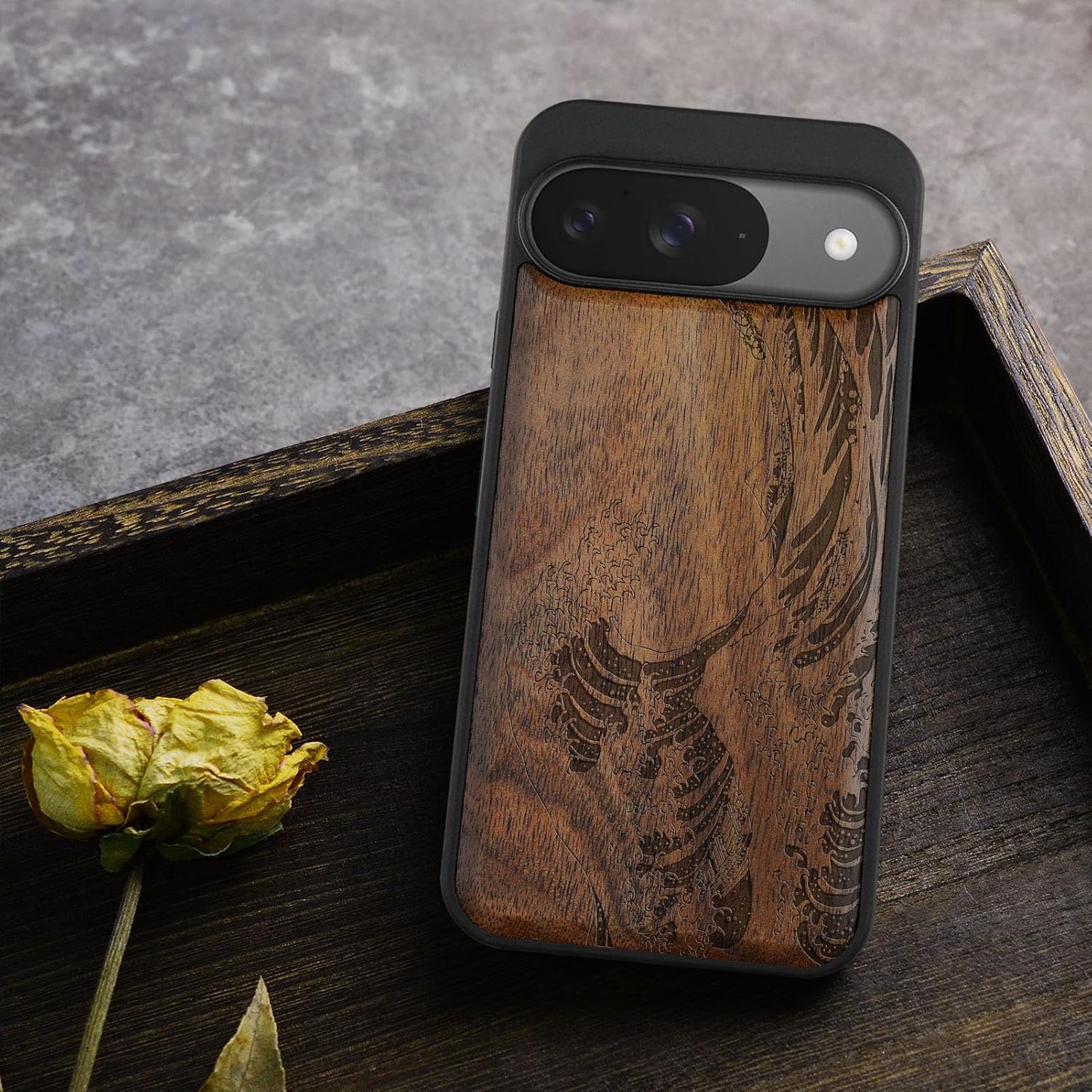Carveit Magnetic Wooden Case for Google Pixel 9 Case, Wood Artisan Engraved & Soft TPU Shockproof Cover, Compatible with MagSafe Wireless Chargers (The Great Wave Off Kanagawa) Walnut