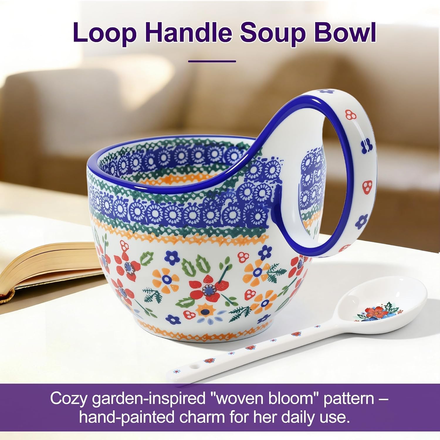 Ceramic Soup Bowl with Handle & Spoon: 17.6oz Hand-Painted French Onion Soup Mug, Microwave Safe, Vintage Style Bowl for Chili, Stew, Cereal, yogurt, Ice Cream, Easter Gift for Mom (Woven Bloom)
