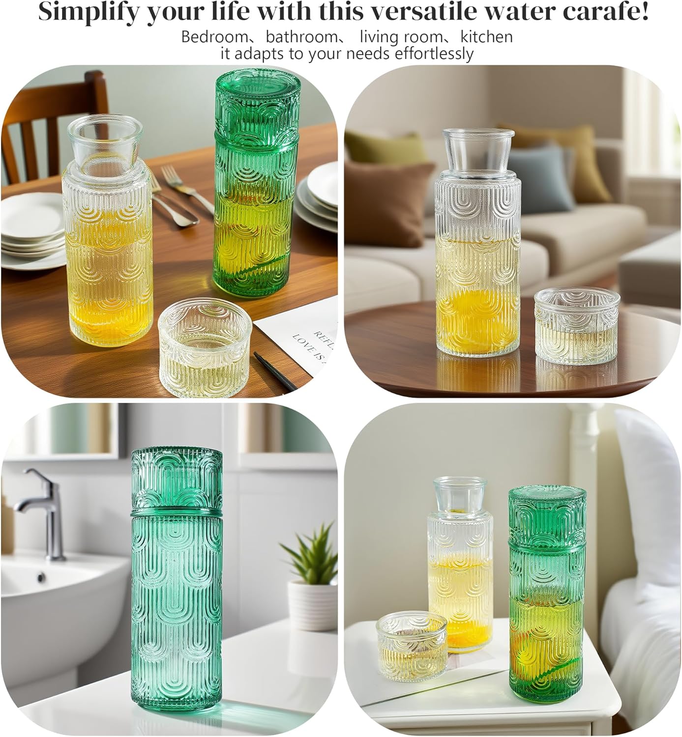 kanpura Bedside Water Carafe and Glass Set Mouthwash Dispenser for Bathroom 28.5 OZ Glass Pitcher & 6.5 OZ Cup Vintage Bedside Water Pitcher for Nightstand, Kitchen (Clear) - Image 7