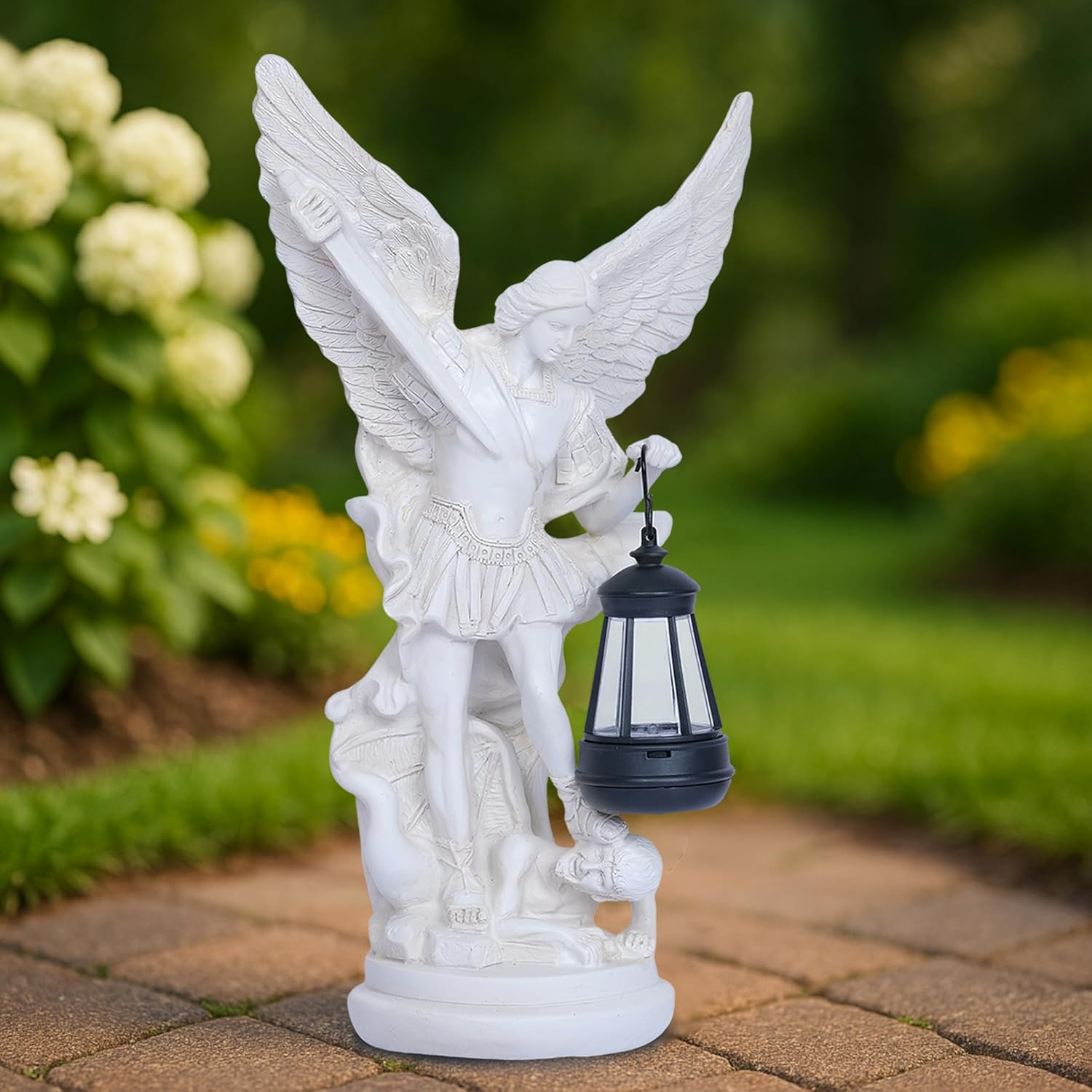 Solar San Miguel Arcangel Outdoor Garden Decor Statues 12.4" Solar St Michael the Archangel Satue for Yard Patio Lawn Porch Decorations Resin St Michael Figurine Religious Collection Sculptures Gifts