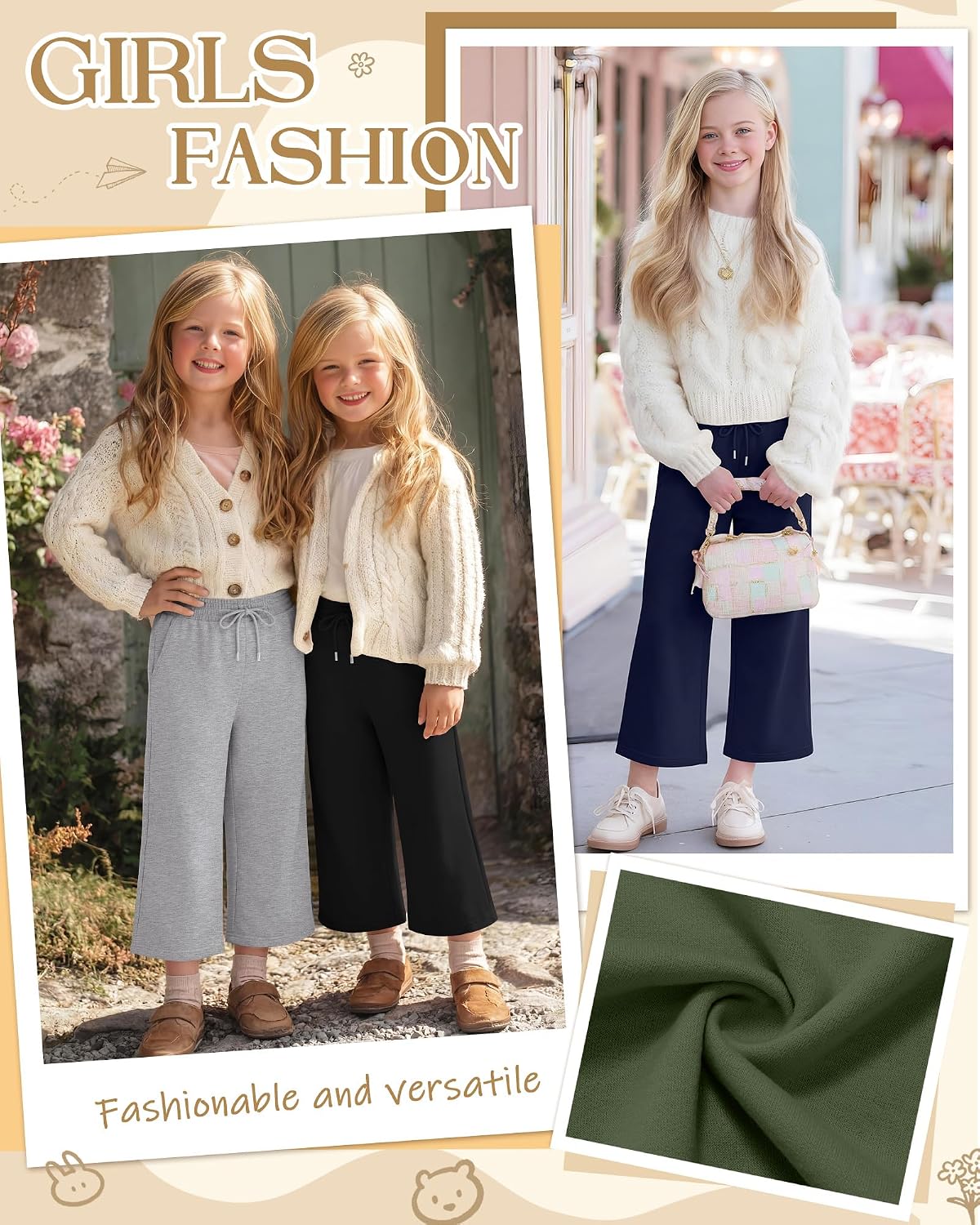 4 Pack Girls Capri Pants Wide Leg Cropped Pants Basic Casual Solid Drawstring Capris with Pockets for Ages 5-14