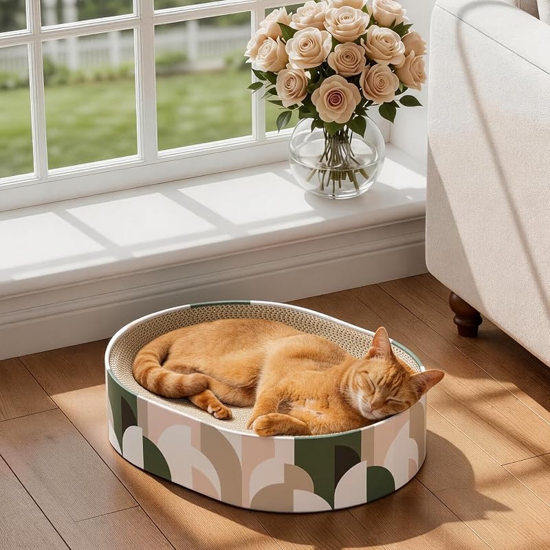 Arranhador para Gatos em Formato Oval com Cama e Papelão Corrugado Conlun MZB-MP-05, Médio