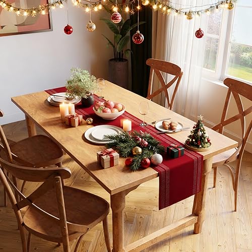 Vista 80 de Encasa XO Camino de mesa de comedor de 13 x 98 pulgadas Algodón acanalado fino teñido con hilo Rojo sólido para mesa de comedor, decoración