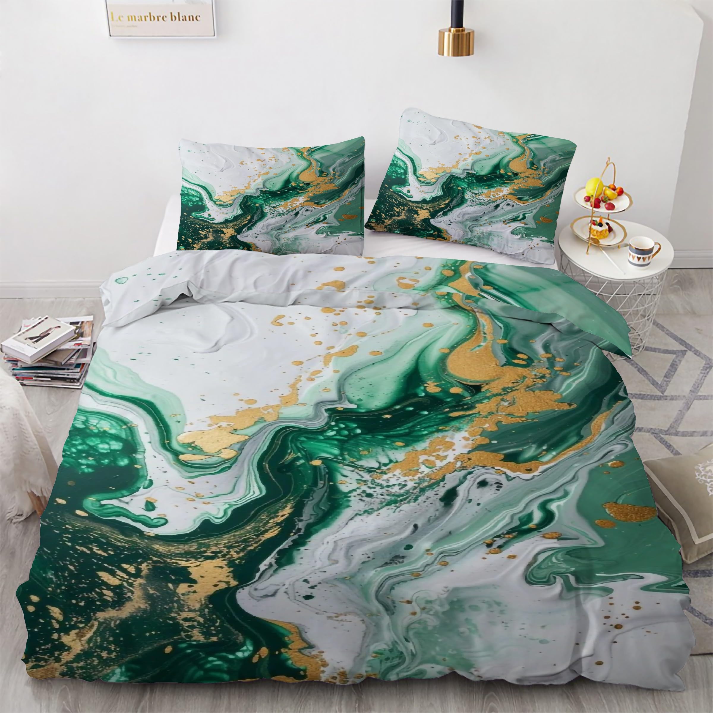 Housse de Couette 220x240 Marbre Parure de Lit Vert 3 Pièces en Microfibre