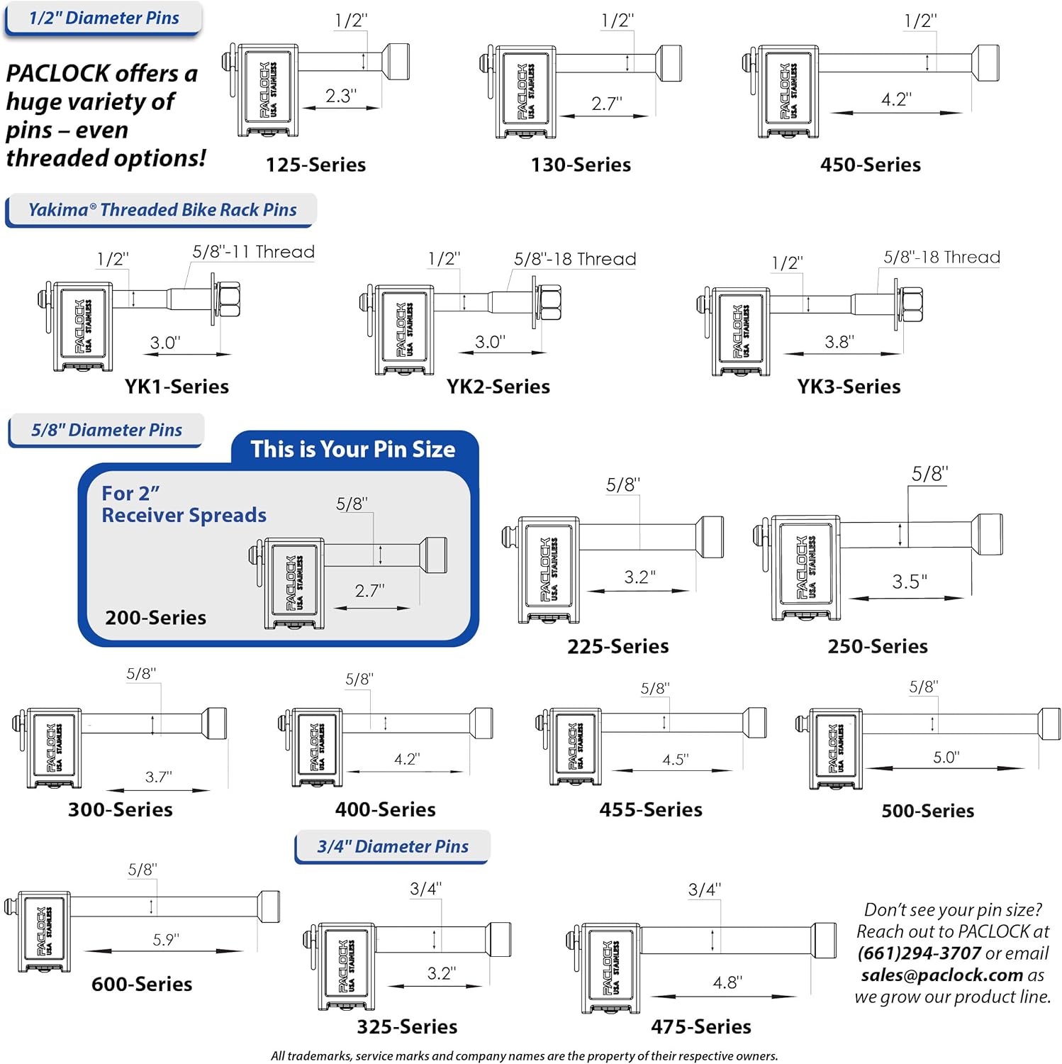 PACLOCK's 200" Pin for 80-Series, Compatible with 2" Receivers, 304 Stainless Steel, Made in The USA, Lock Not Included