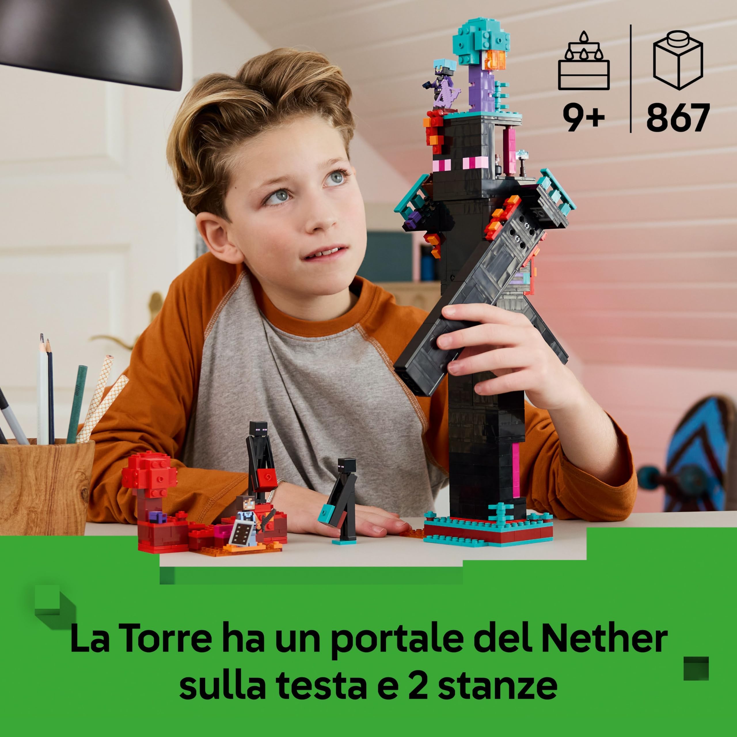 LEGO Minecraft 2in1 La Torre dell'Enderman - Giocattolo Modulare che si Trasforma in 2 Fortezze - con Mob dell'Enderman e un Portale del Nether - Regalo per Gamer, Bambini e Bambine da 9 Anni - 21279