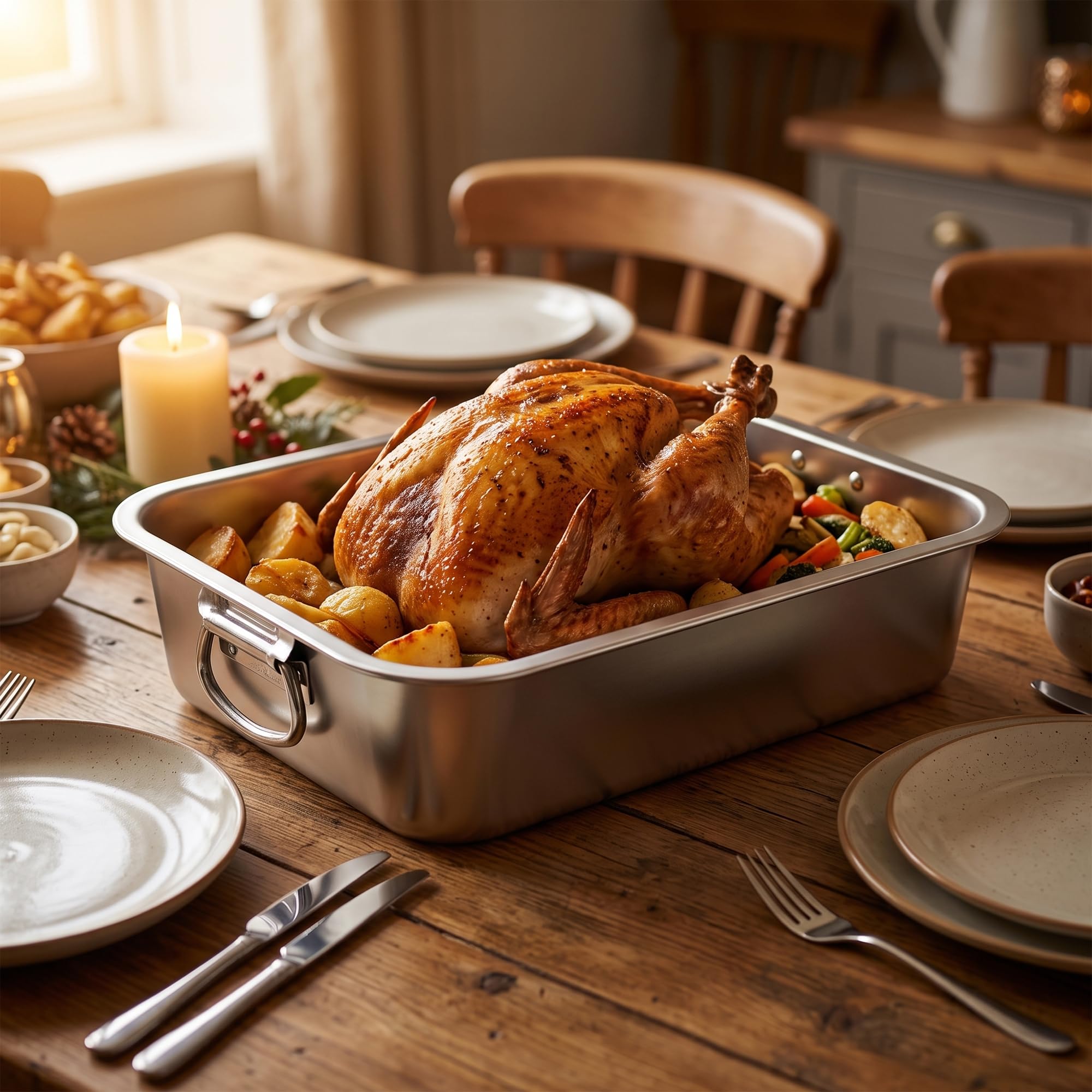 FUNSUEI Grand plat à rôtir en acier inoxydable – 40 x 30 x 10 cm – Plaque de cuisson profonde avec poignées, pour dinde, gigot d'agneau, légumes, capacité de 9 L, passe au lave-vaisselle