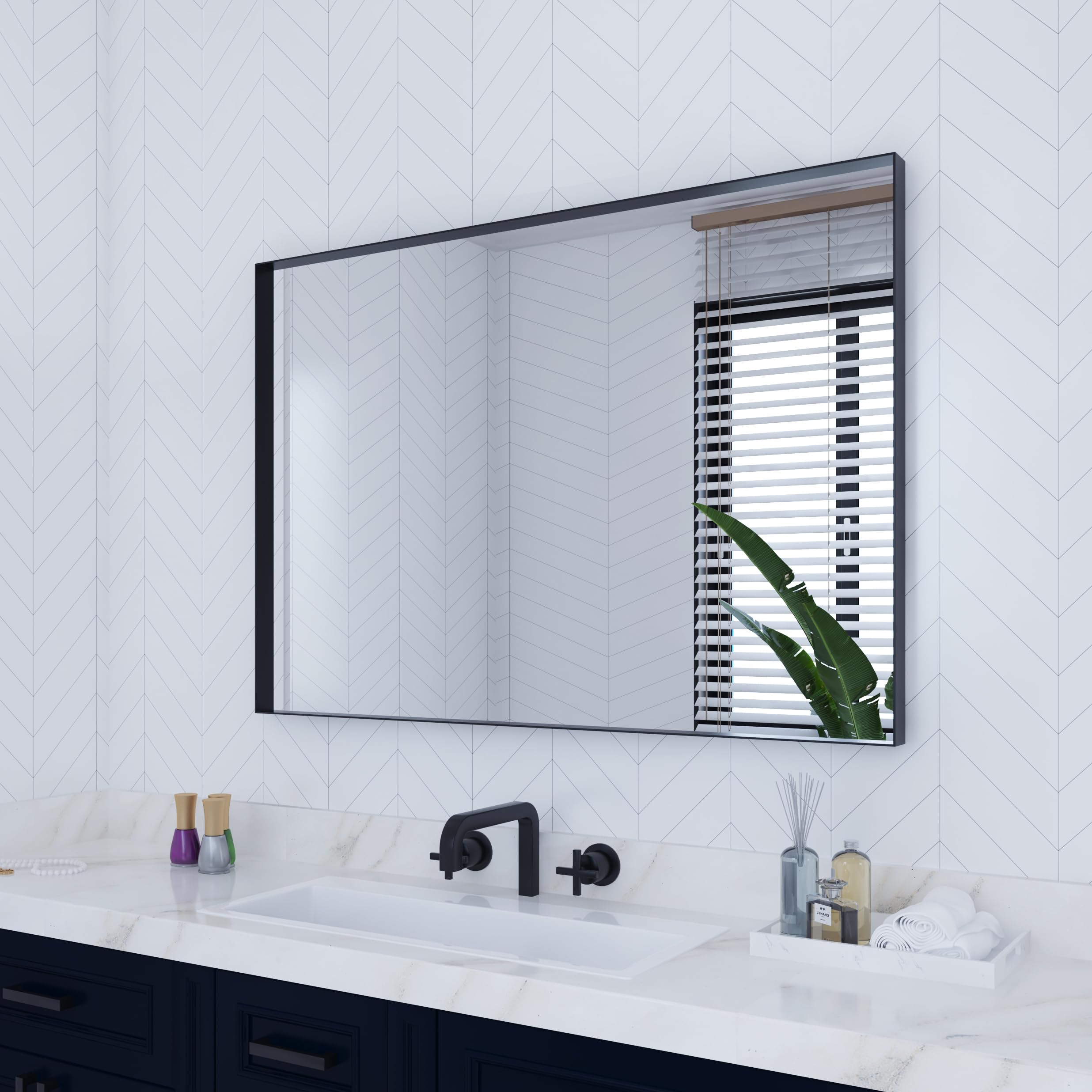 Black Bathroom Mirror for Wall, 28 x 40 Inch Square Corner Rectangle Metal Framed Bathroom Vanity Mirror Modern Farmhouse, 1/4-inch Shatterproof Glass | Ultra-Flush Hanging