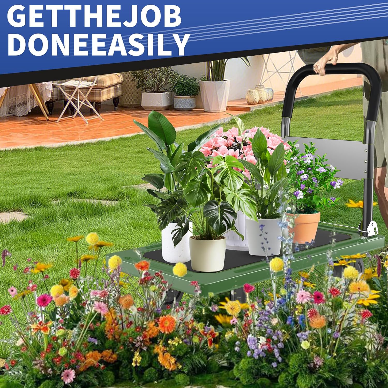 Upgraded Foldable Push Cart Dolly | 660 lbs. Capacity Moving Platform Hand Truck | Heavy Duty Space Saving Collapsible | Swivel Push Handle Flat Bed Wagon - Green