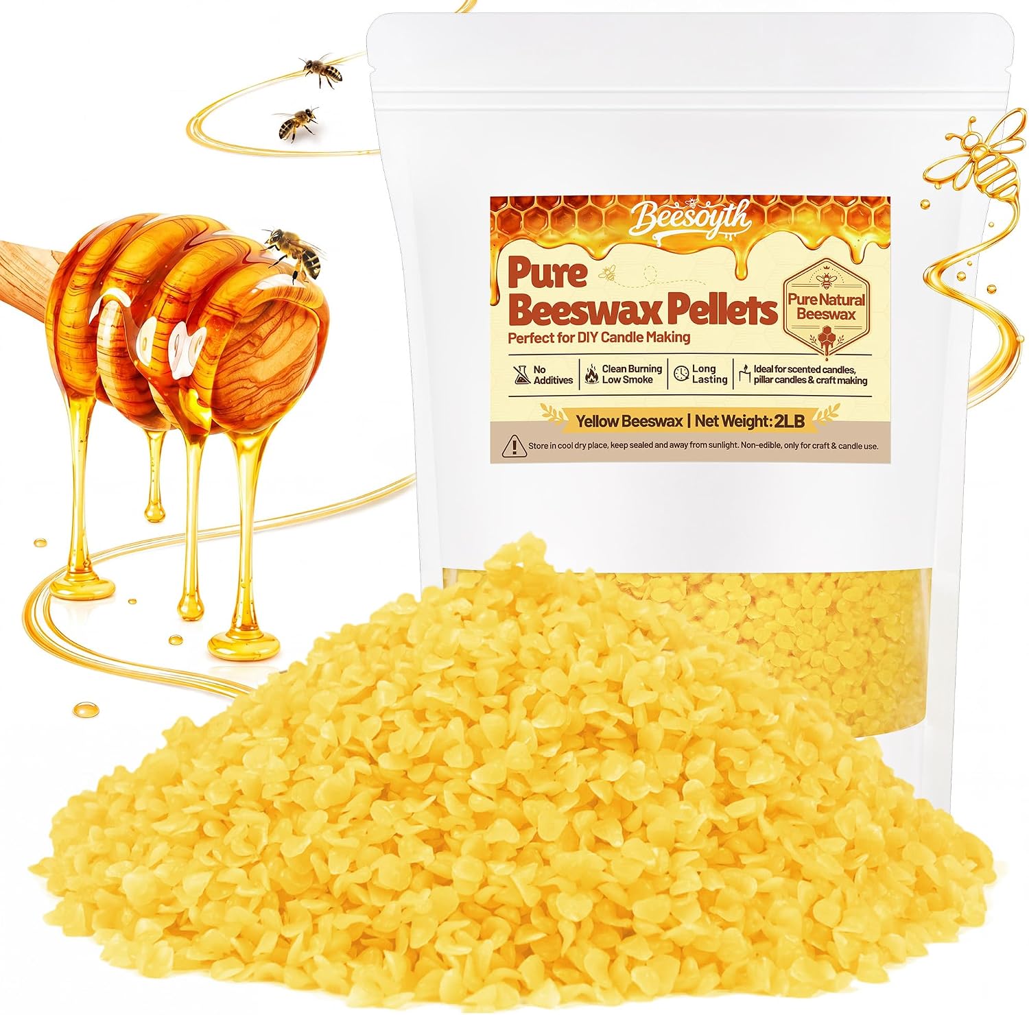Beesoyth White Natural Beeswax Pellets 2LB, Organic Beeswax, Beeswax for Candle Making, Body, Skin Care DIY, Lip Balm, Soap and Lotion Making Supplies