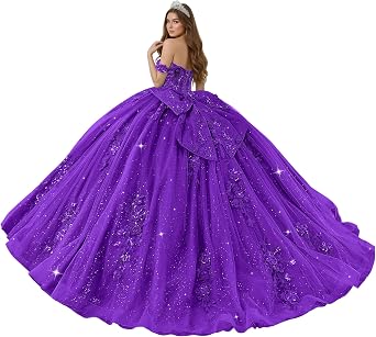 Zhangyo Puffy Tulle Quinceanera Dresses with Bow Lace Beaded Ball Gown | off Shoulder 3D Flowers Sweet 15 16 Dresses with Train,puffy lace, glitter tulle , puffy style, with sweep train