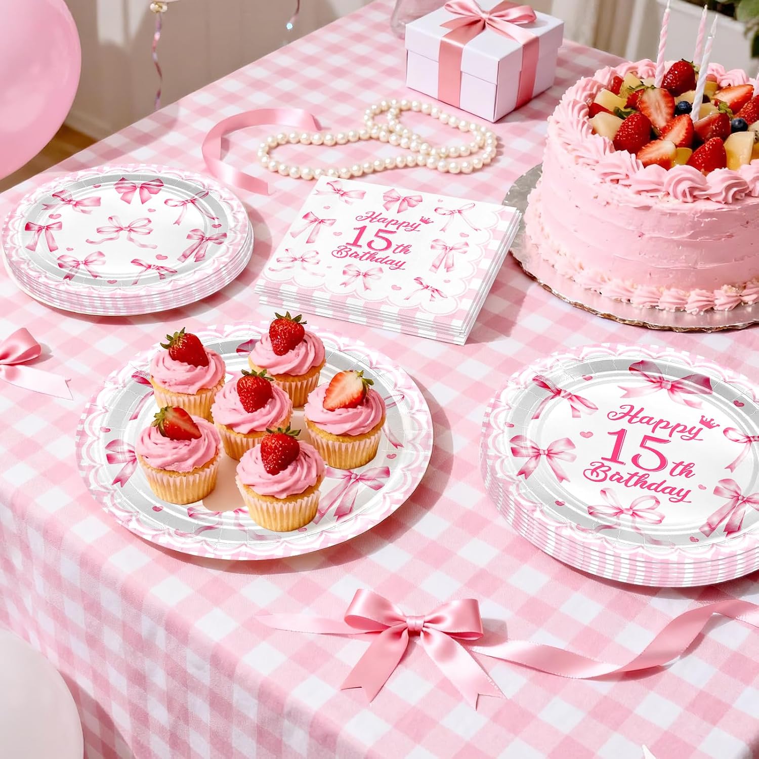 Avezano 99pcs Pink Bow Theme 15 Birthday Party Decorations for Gilrs