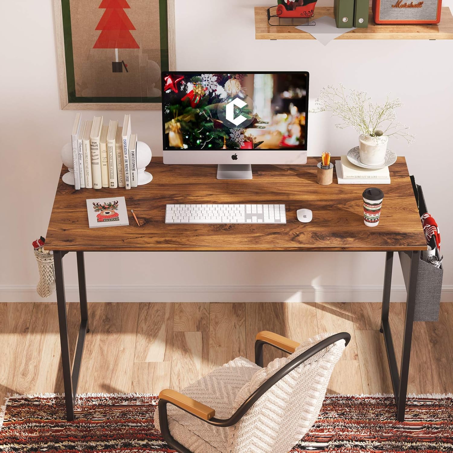 CubiCubi Study Computer Desk 63" Home Office Writing Small Desk, Modern Simple Style PC Table, Black Metal Frame, Deep Brown : Home & Kitchen