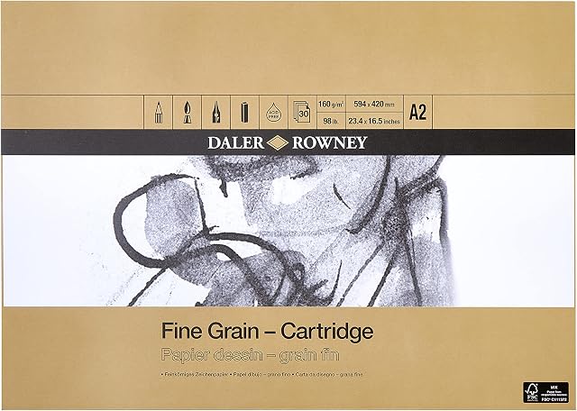 Daler-Rowney Fine Grain Lightly Textured 160gsm A2 Cartridge Drawing Paper Pad, Glued 1 Side, 30 White Sheets, Ideal for Professional Artists