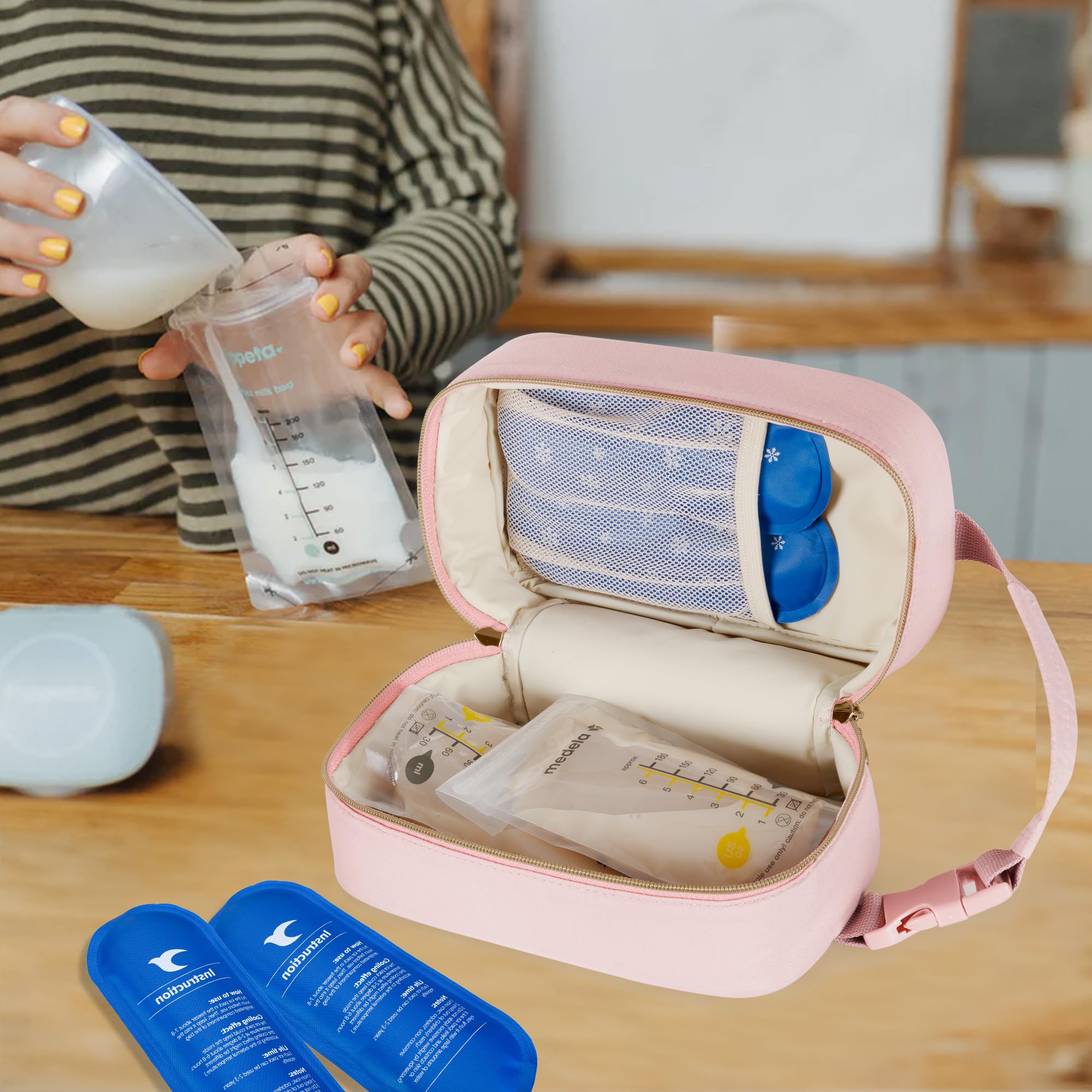 Damero Borsa Termica per Il Latte Materno con 4 Impacchi di Ghiaccio, Borsa da Viaggio per il Raffreddamento del Latte Materno Borsa per la conservazione del Latte Materno, Rosa