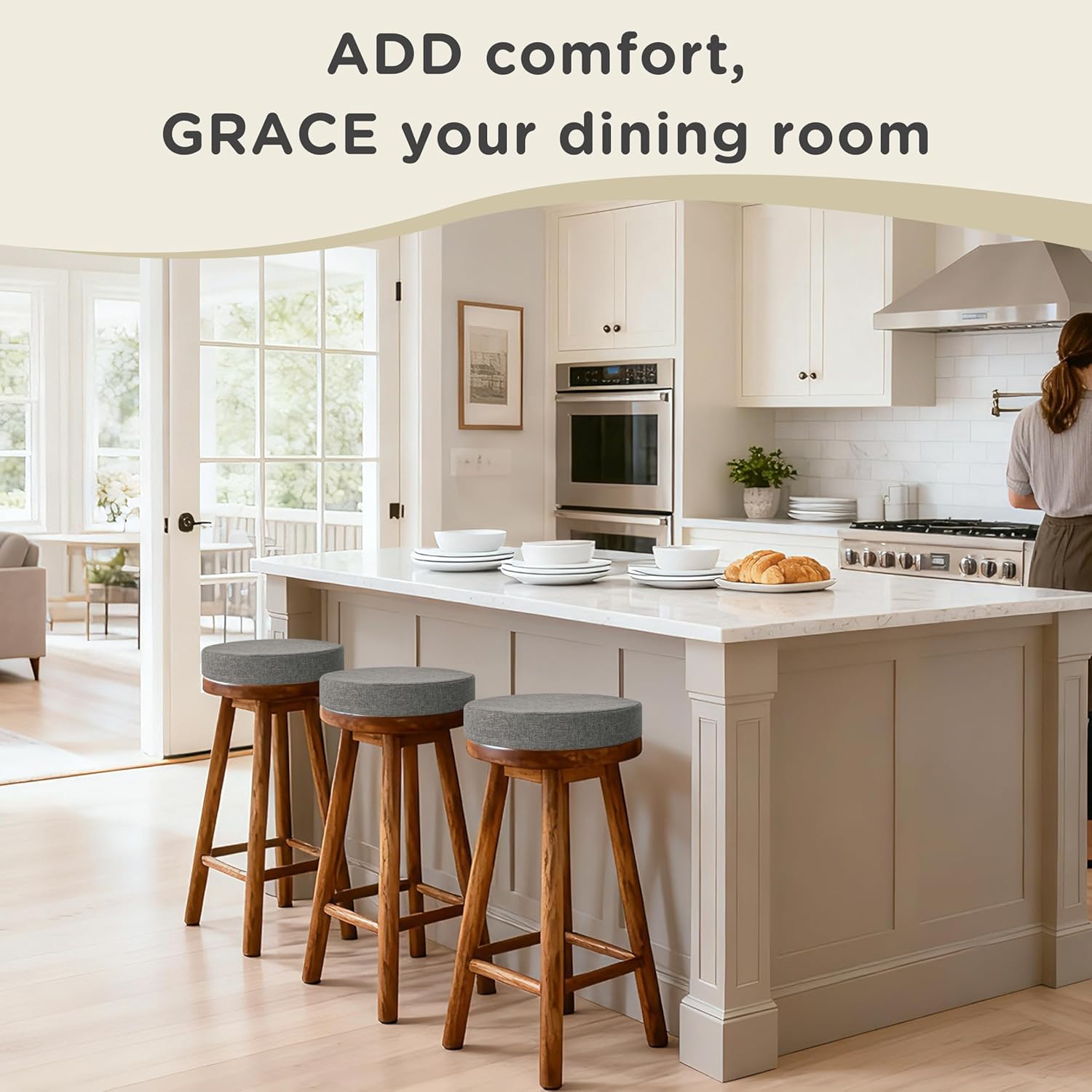 AddGrace 2.5" Thick Non Slip Round Chair Pad 1 Pack, 16" Round Chair Cushion with Machine-Washable Cover and Long Zipper, Seat Cushions for Kitchen, Office, Floor and 16" Ottoman, Light Grey