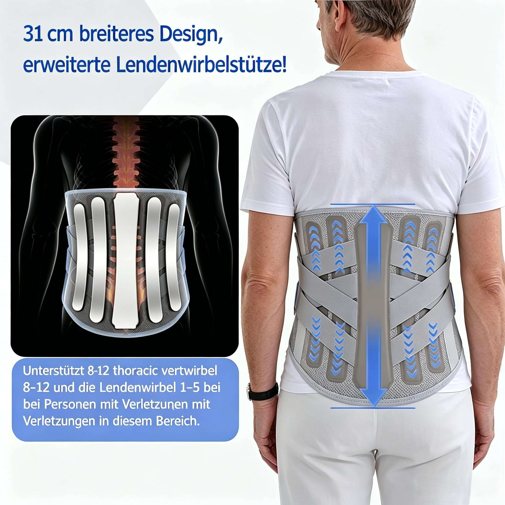 Rückenstützgürtel, Lendenwirbelstütze, Rückengurt rückenschmerzen, Rückenbandage für unteren Rücken mit Verstellbarer Rückengurt und Stützstreben zur Rückenschmerzen Linderung, Grau M