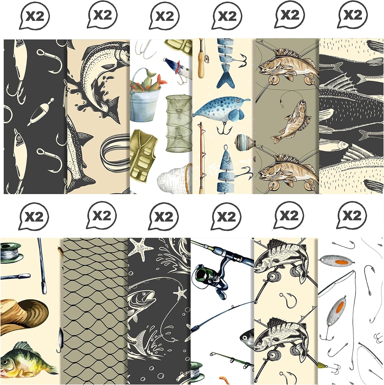 12 Designs Fishing Pattern Paper Pack 24 Sheets Fishing Scrapbook Paper 12x12 in Vintage Fish Angler Double Sided Decorative Paper for Journaling, Card Making, DIY