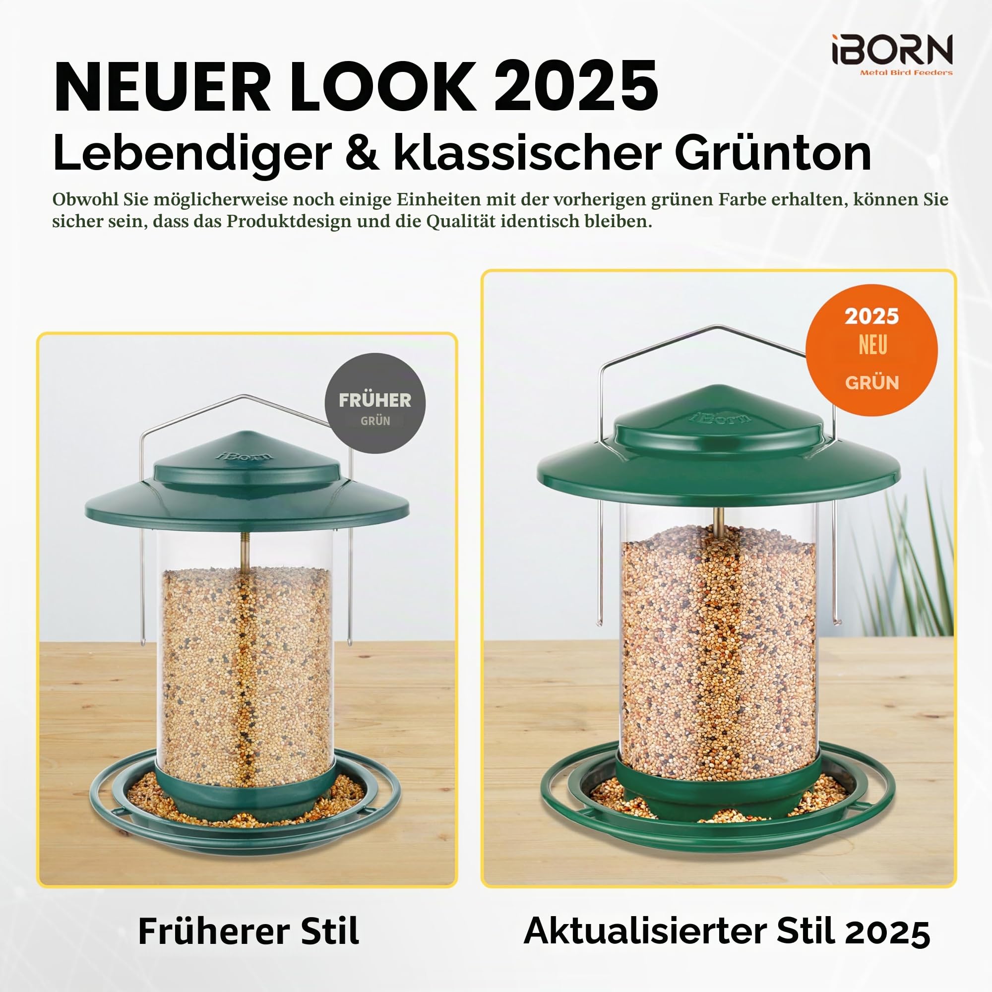 iBorn Vogelfutterspender,Metall Vogelhaus zum Aufhängen,Futterhaus für Vogel mit Futterschale,6 Futterlöcher,18 cm Wetterfest Dach,Ganzjährige Vogelfütterung,Wildvögel Futtersilo,Grün