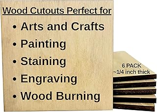 Square Wood Cutouts Unfinished – Multiple Sizes, 6 Pack, ~1/4" Thick | Laser-Cut Craft Blanks for Painting, Staining, Engraving & Wood Burning | Made in USA (12x12 inch)