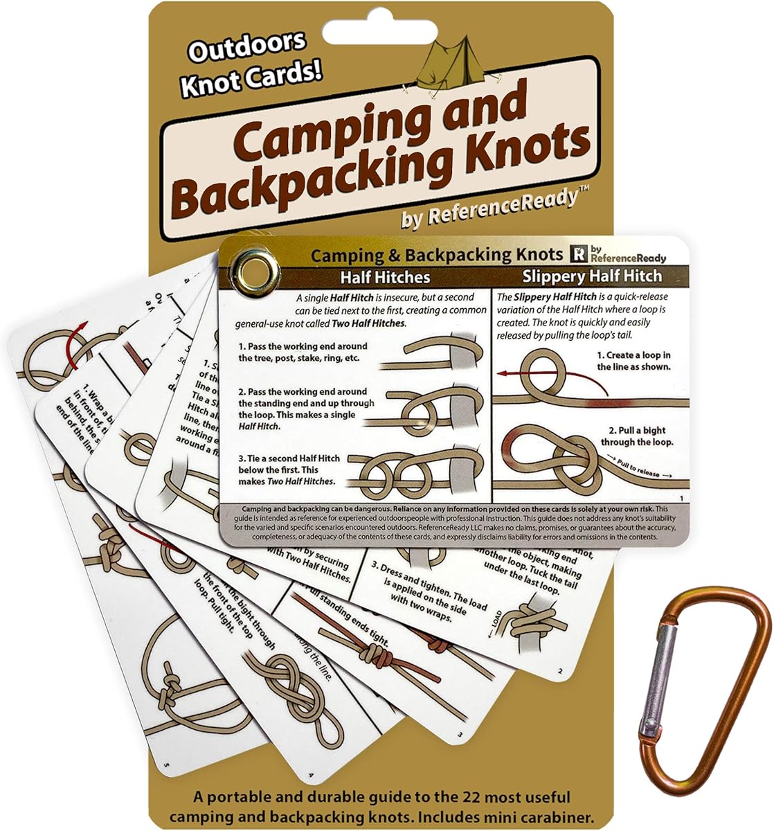 Outdoor Knots Pocket Guide - Waterproof Knot Tying Cards with Mini Carabiner