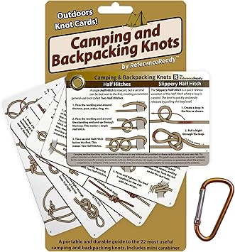 ReferenceReady Outdoor Knots Pocket Guide - Waterproof Knot Tying Cards with Mini Carabiner, 22 Rope Knots for Camping, Backpacking, Scouting and Wilderness Survival