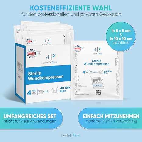 Health Press Sterile Dressings 5 x 5 cm 40 Wound Dressings (20 x 2 Pieces