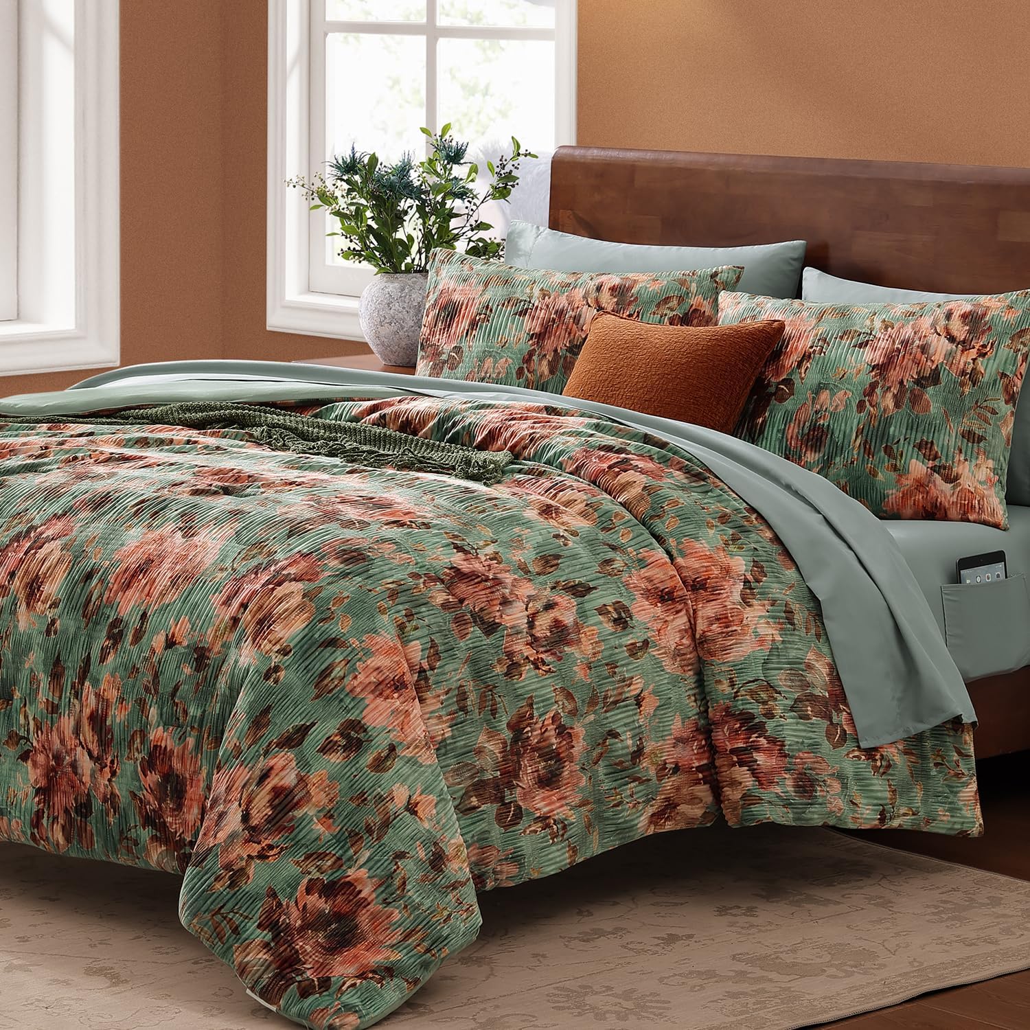 CASAAGUSTO King Comforter Set, 7 PCS Sage & Red Floral Comforter Set with Flowers Leaves Pattern, Soft Velvet Design for Winter King Size Bedding Set(102"X90") - Image 3
