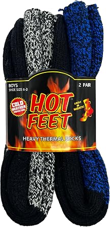 جوارب HOT FEET Kids الحرارية - جوارب شتوية دافئة معزولة للبنين والبنات، مريحة وسميكة ساخنة 2 حزمة، مقاس الحذاء 2-6