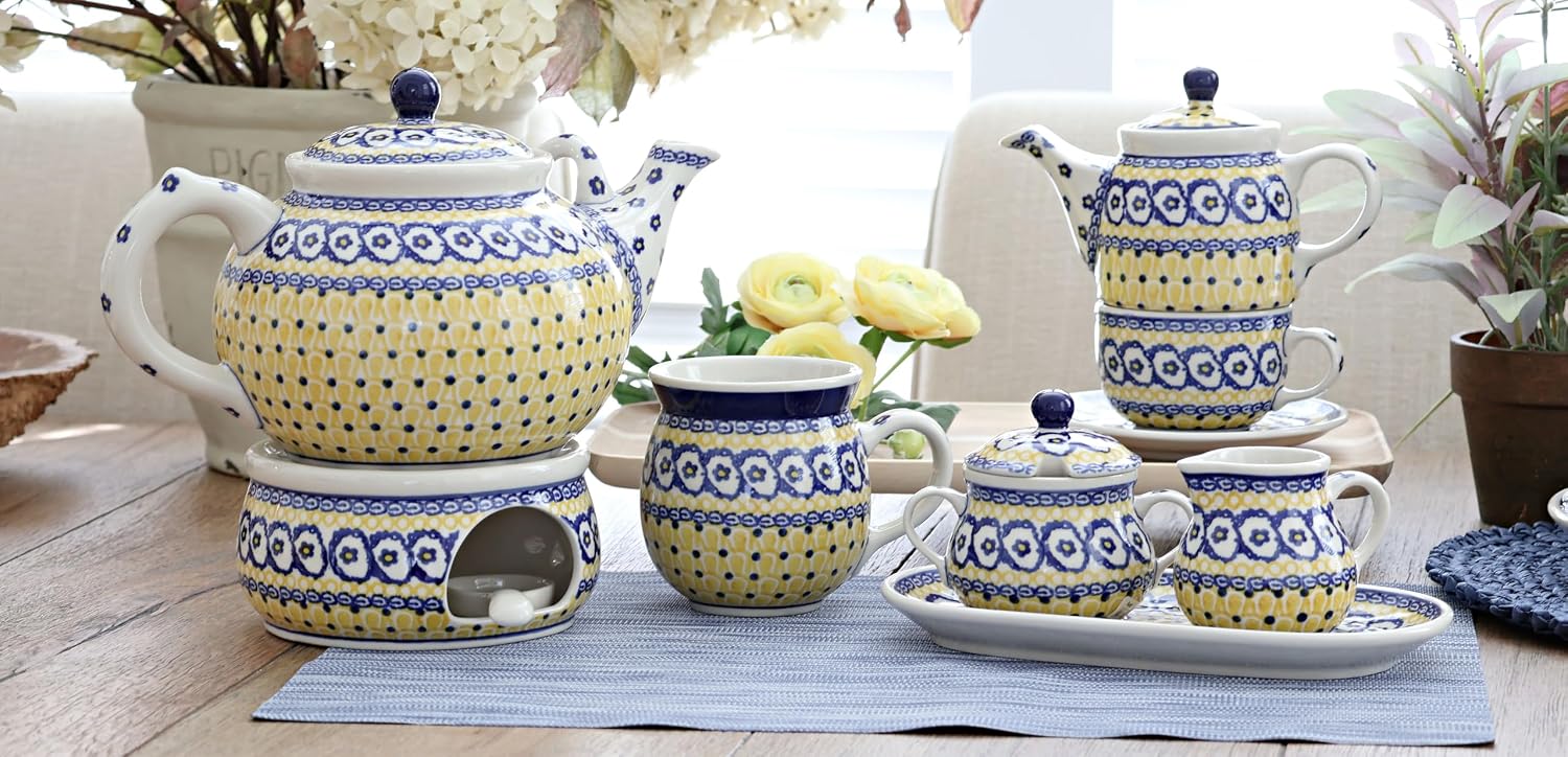 Blue Rose Polish Pottery - Yellow Saffron Teapot Warmer - 6" Diameter - Decorative Teapot Stand for Keeping Tea Hot