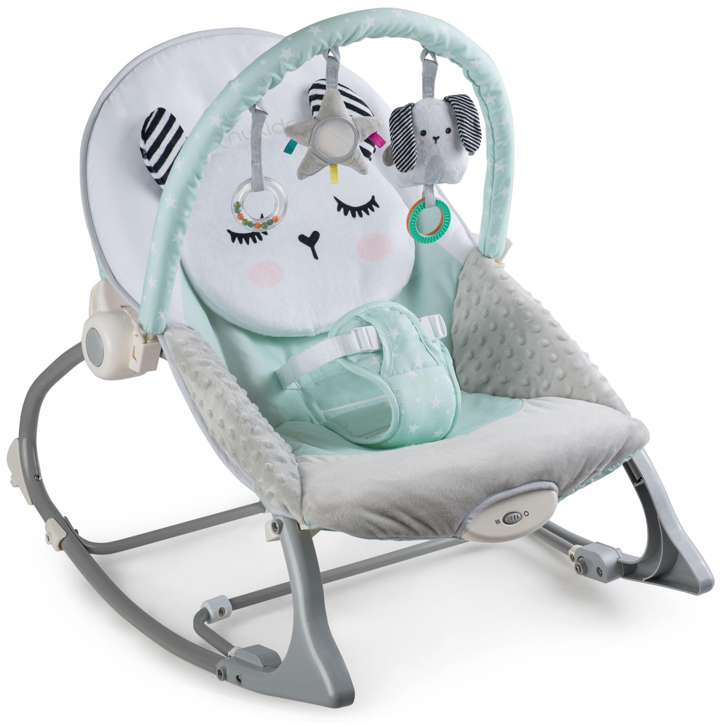 Nukido Babywippe Baby Wippe Babyschaukel Babyliege - mit Vibration und Spielzeugen - Rutschfeste Füße und 3-stufige Sicherheitsgurte - bis 18 kg Grau-Minze