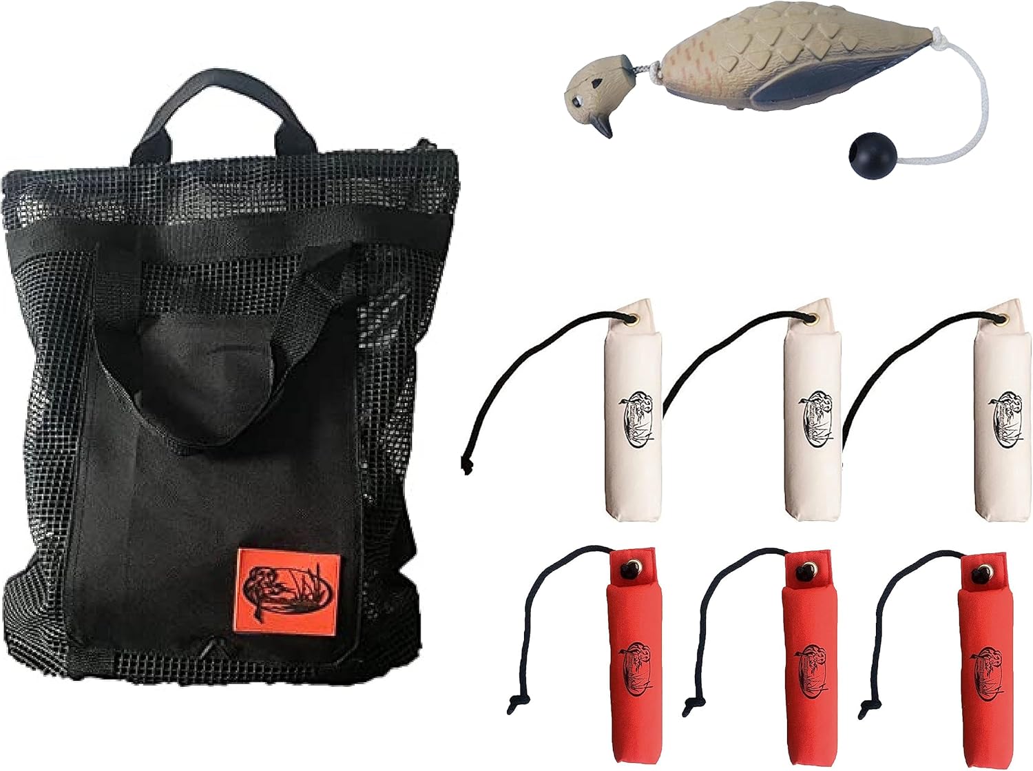 Dog Training Kit - Mourning Dove Training Dummy, (6 Pack) Duo Color Natural & Orange Canvas Bumpers, and Mesh Carrying Bag