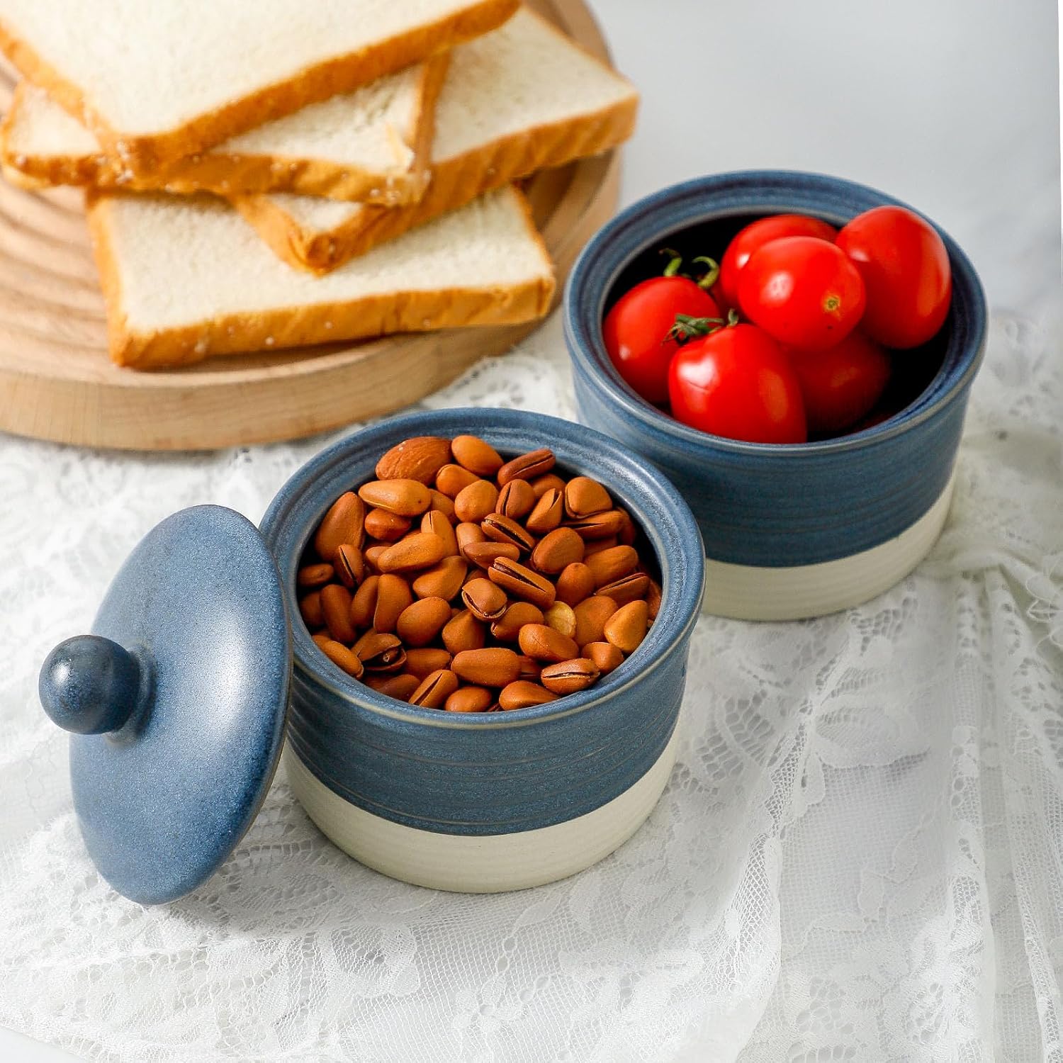 Hasense Salt Cellar Set, Ceramic Salt Box with Lid, 9 oz Stacked Salt Pepper Container for Countertop, Small Spice Bowls for Salt Pepper Sugar, Christmas Gift Ideas, Set of 2, Deep Blue