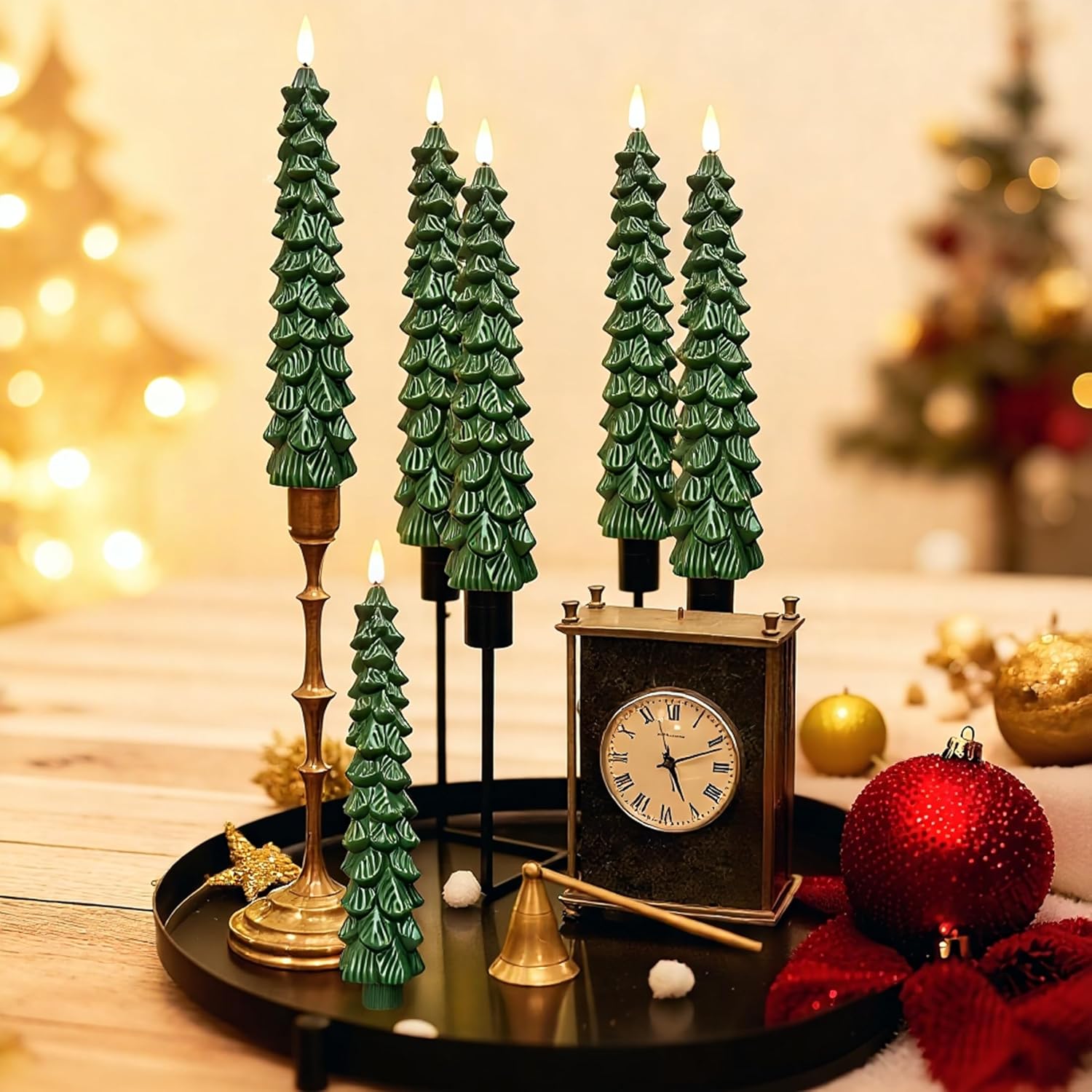 Christmas Tree Candles with Remote Timer, 1 Pcs 9.6" LED Flameless Taper Candles, Battery Operated Xmas Green Tree Shaped Candlesticks for Christmas Decorations Indoor