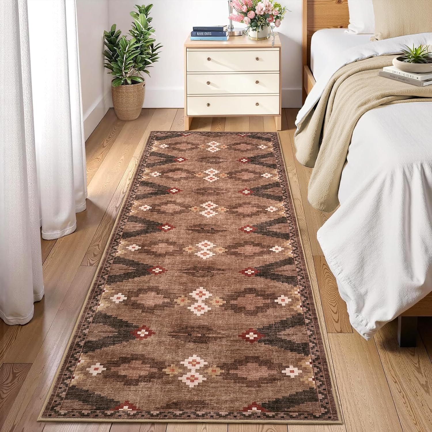 Hallway Runner Rug 2x6 Modern Geometric Non Slip Kitchen Runner Carpets Stain Resistant Mid Century Tribe Runners Soft Low Pile Boho Runner Mat for Laundry Bedroom Living Room Nursery Bedside, Brown