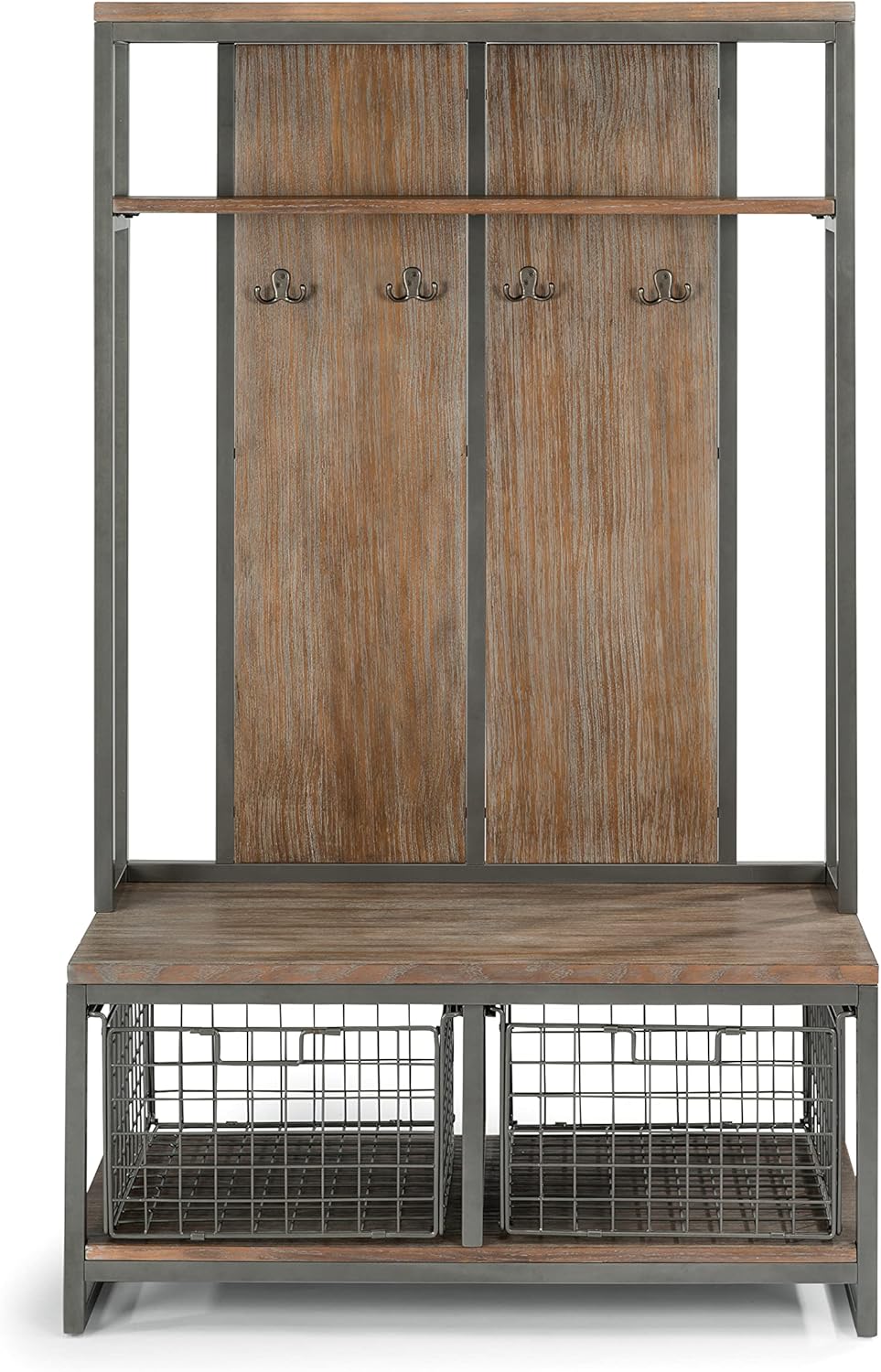 homestyles Barnside Metro Hall Tree Constructed of Mixes Media, Gray Metal Frame with Multi-toned Driftwood Finish with Two Large Storage Baskets and Four Hooks : Home & Kitchen