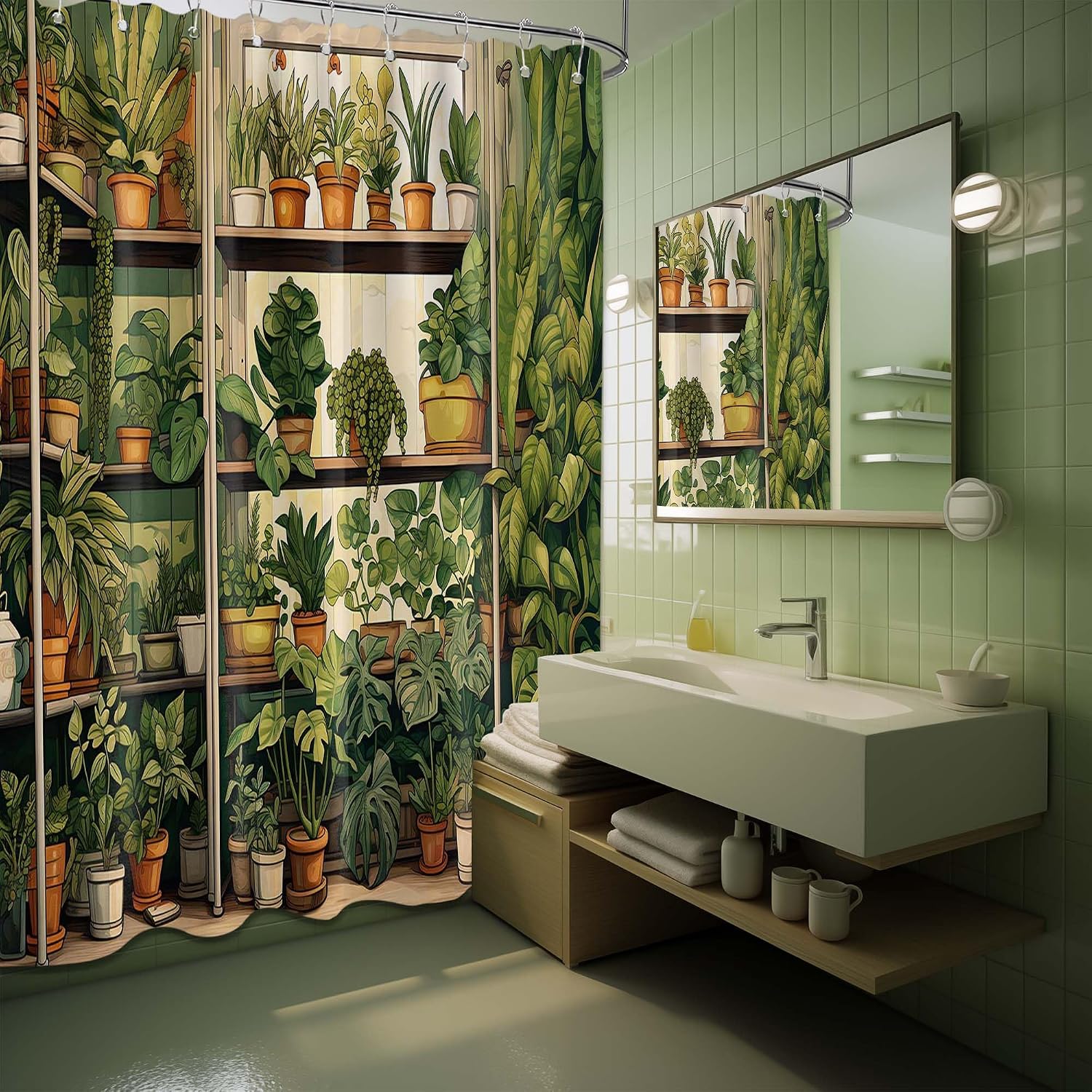 Botanical Shower Curtain, Vintage Green Plant Shower Curtains for Bathroom Decor Nature Fake Potted Greenery Floral Bath Curtain Set, Waterproof Fabric, 70" W x 96" L