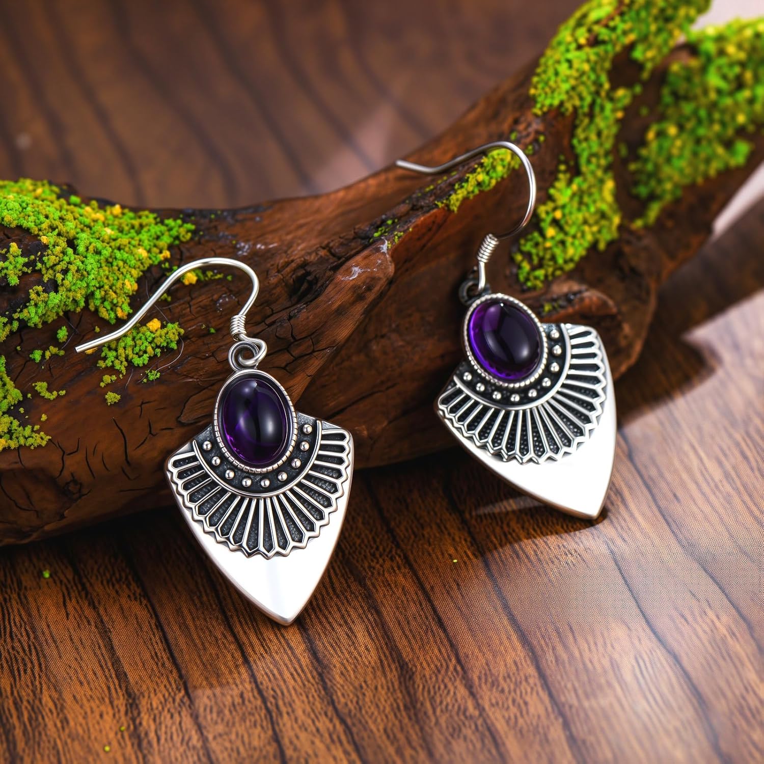 Natural Amethyst Art Deco Dangle Earrings, 925 Sterling Silver Oval Gemstone Earrings, Vintage Geometric Jewelry Gift for Women - Image 5