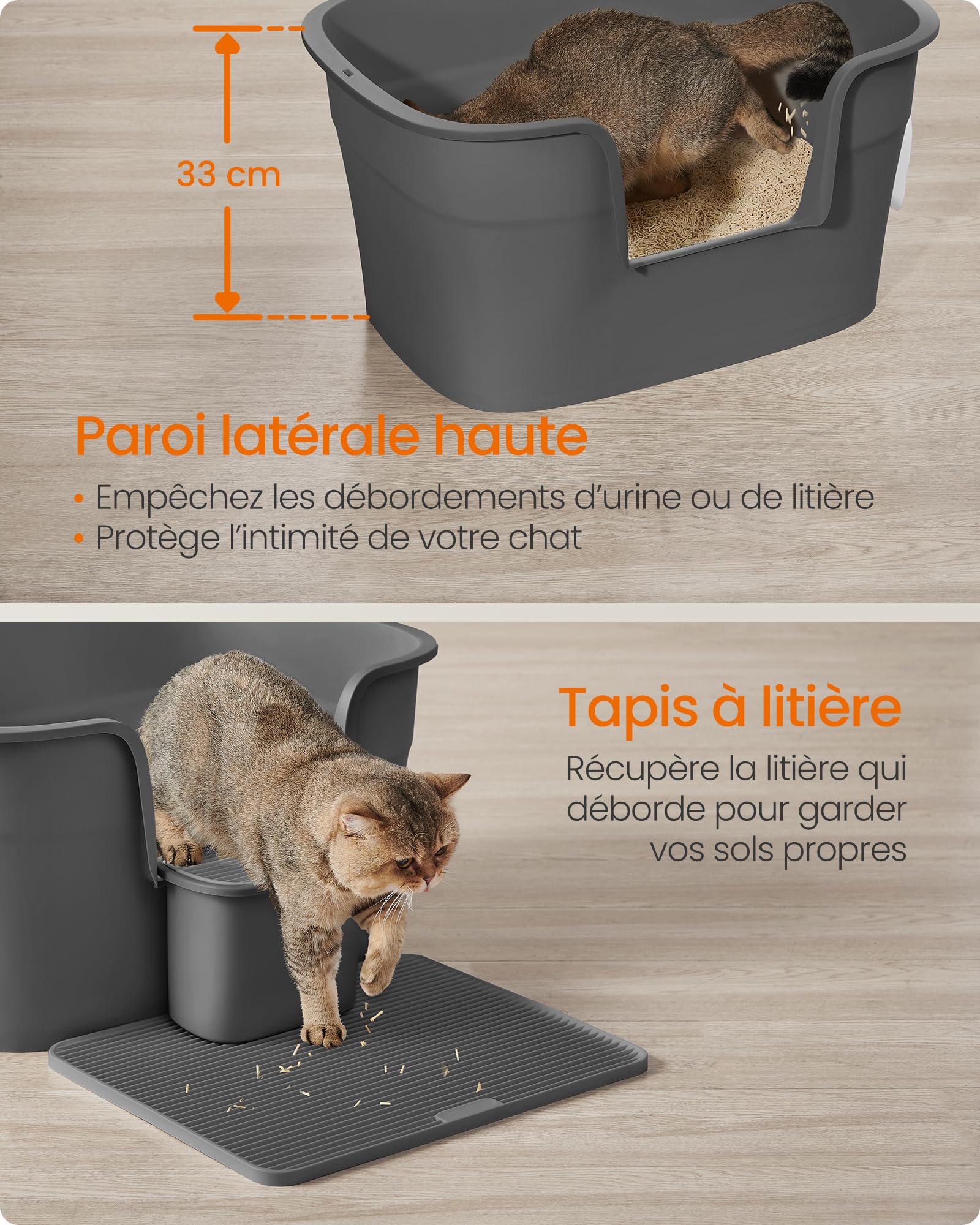 Feandrea Bac à Litière pour Foyers Multi-Chats, Litière Extra Large avec Paroi Latérale, avec Un Tapis de Litière, Boîte de Rangement, Pelle, pour Grand Chat, Gris Ardoise PPT003G02