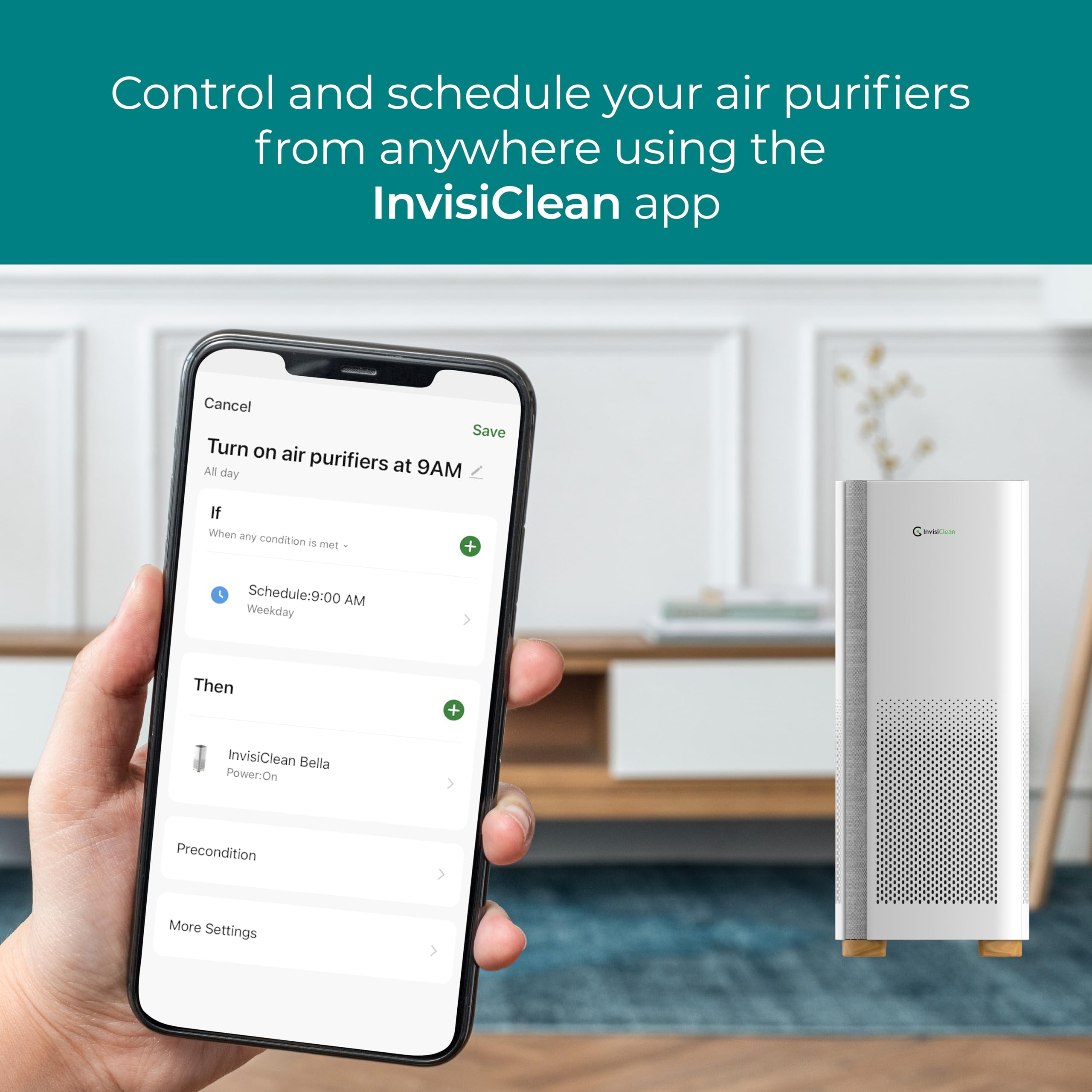 InvisiClean Bella - Purificatore d'aria per grandi stanze, camere da letto, casa, oltre 1500 mq, zero ozono, filtro HEPA H13 di grado medico per fumo, polvere, allergie, peli di animali domestici -