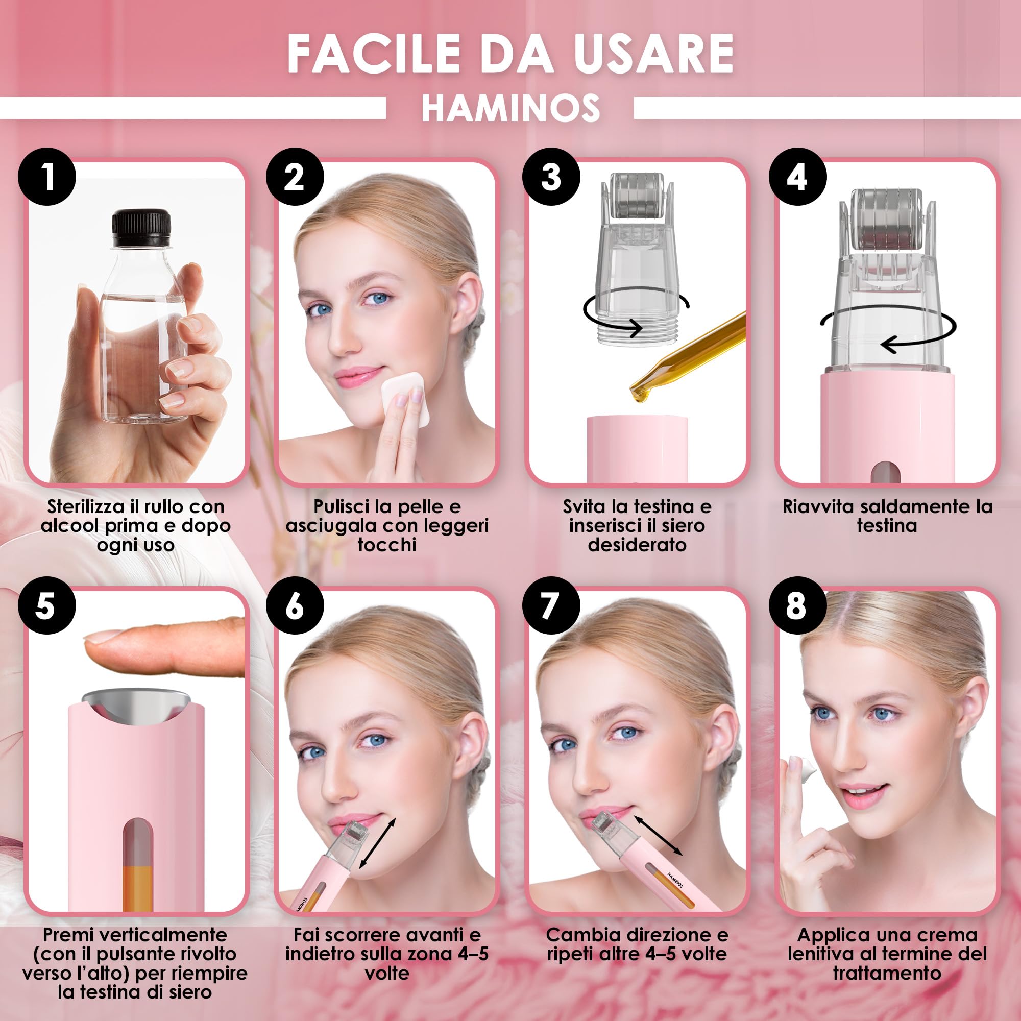 HAMINOS Derma roller 0,25 mm 2.0 con Serbatoio per Labbra, Pelle, Capelli, Rughe, Smagliature, Iperpigmentazione APPLICAZIONE DEL SIERO ISTANTANEO, 105 aghi in titanio