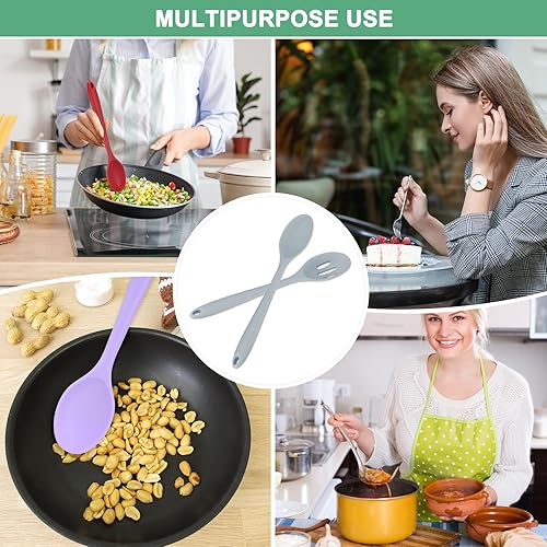 Miniatura 7 de Paquete de 2 cucharas de silicona para cocinar, 10.6 pulgadas, antiadherentes, ranuradas y sólidas, resistentes al calor, para cocina, cocinar,