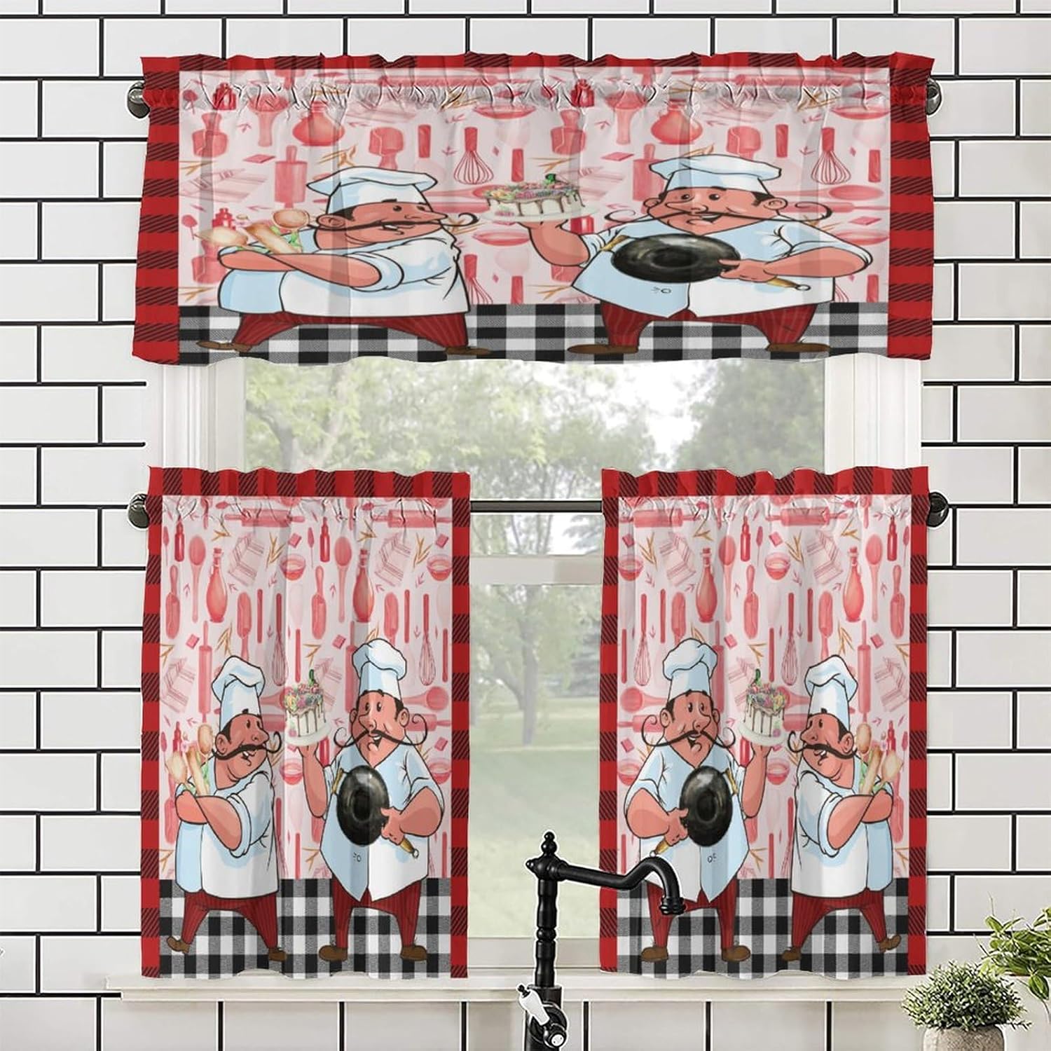 Brebasf Modern Anime Fat Chef Kitchens Valances for Window,Cartoon Geometric Plaid Cooking Theme Kitchenware Print Rod Pocket Curtain Valance Curtains,1 Valance(54"x18")&2 Tiers(27.5"x24")