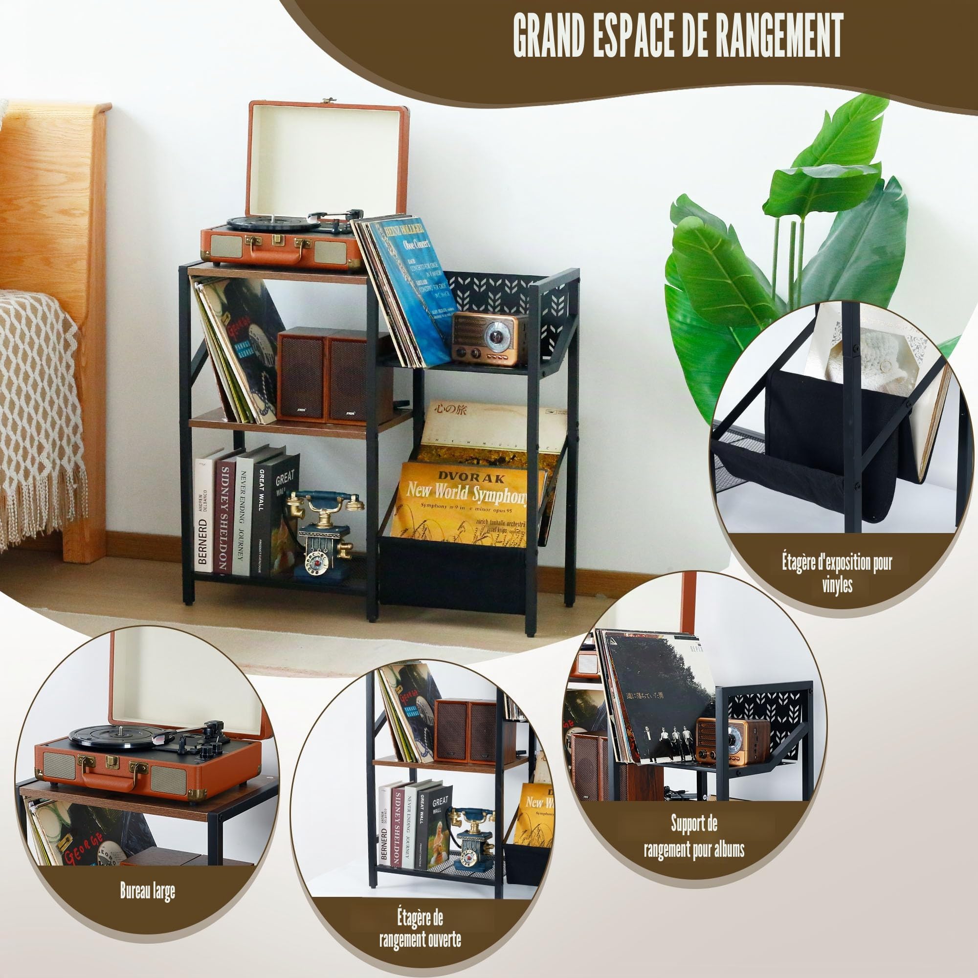 Support de disques vinyle à 3 niveaux, grand plateau tournant noir pouvant contenir jusqu'à 150 albums, armoire stéréo de rangement et étagère de table pour chambre