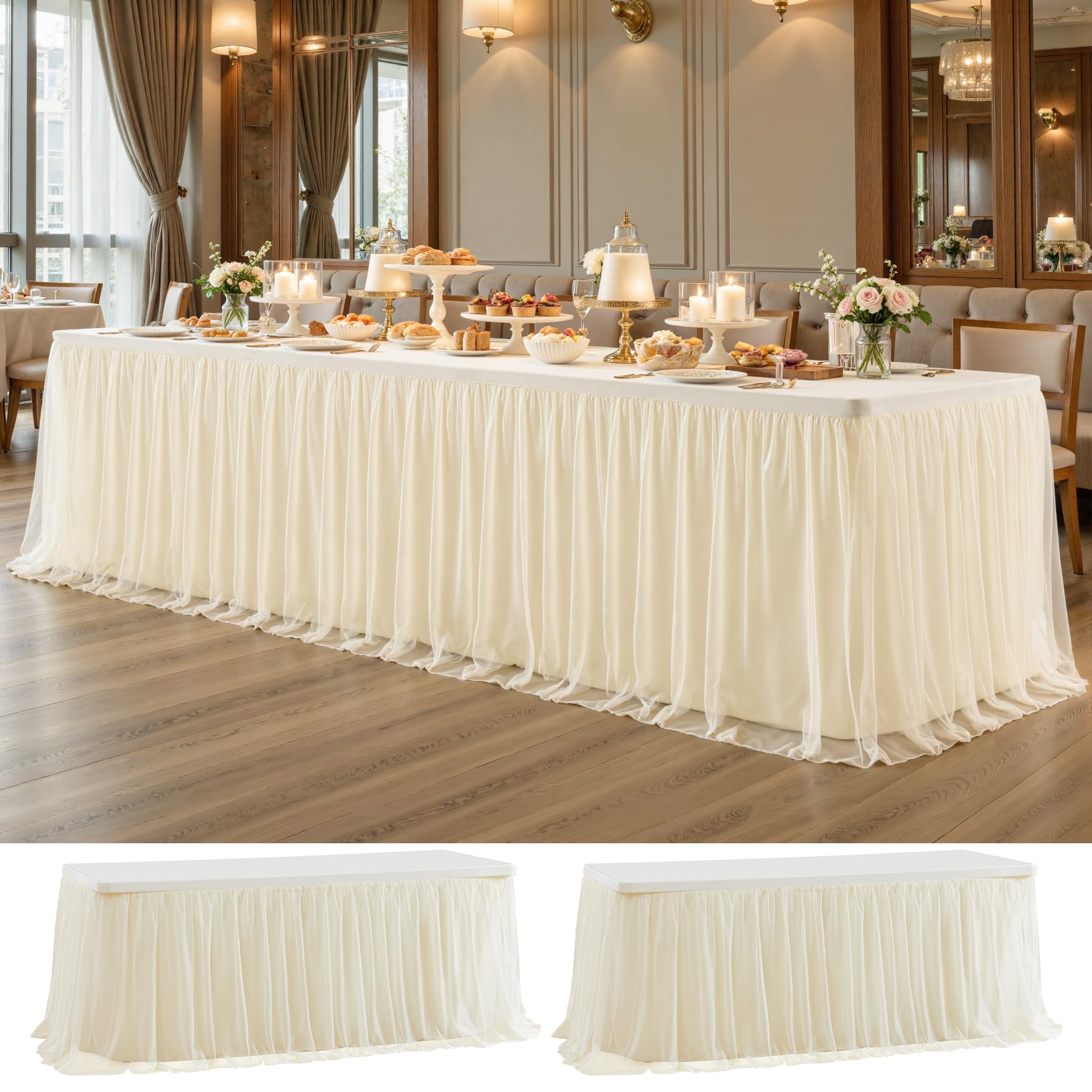 Photo 1 of 2 Pack Champagne Tulle Tablecloth with Skirt for 8 Foot Rectangle Tables, Party Ruffle Tutu Table Skirt Stretch Fitted Table Covers for Baby Shower Wedding Reception Bridal Shower Birthday Banquet
