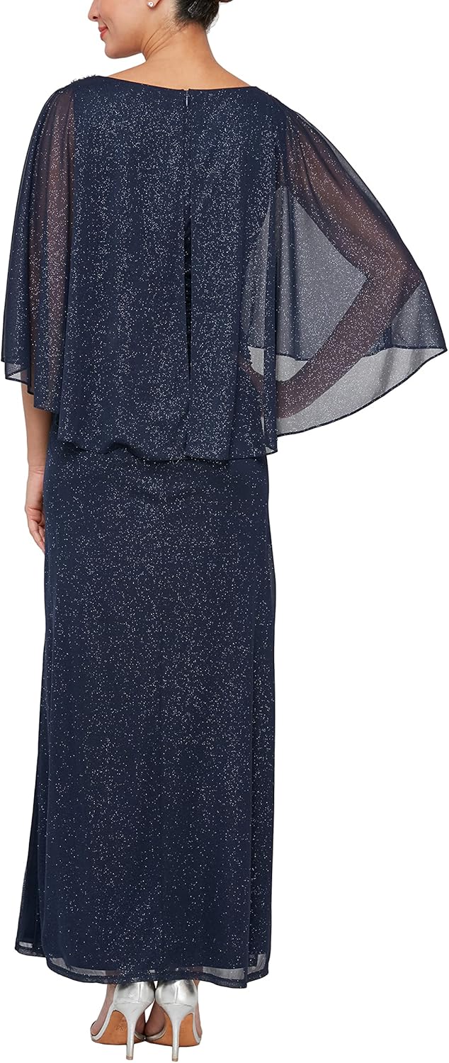 S.L. Fashions Womens Long Glitter Mesh Capelet Gown with Side Slit, Wedding Guest, Formal Dress (Petite and Regular Sizes)