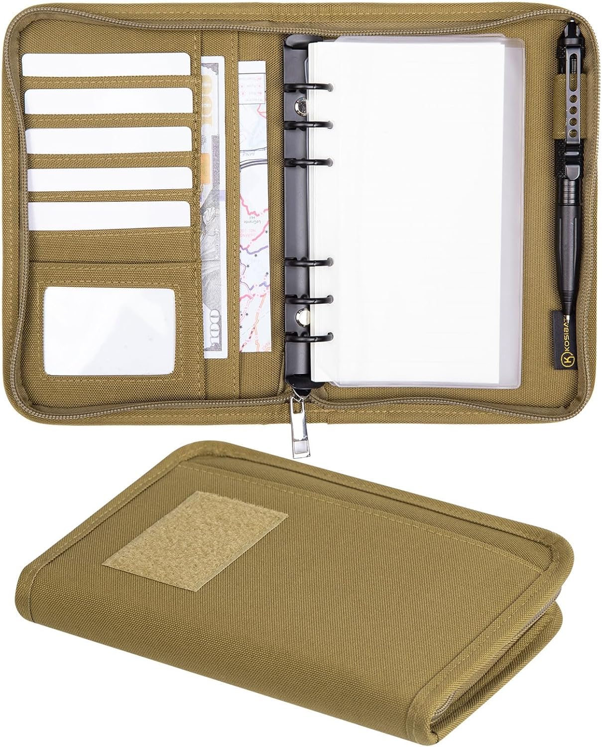 Kosibate Tactical Notebook Padfolio Ring Binders with 45 Sheets,Army Military Notebook Portfolio Binder with Zipper for Tactical Gear and Organizer, Refillable 6-Ring Binder(Khaki,5.5'' x 8.5'')