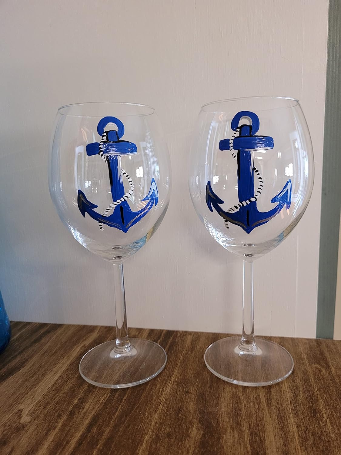 Blue Anchor Hand Painted Set of 2 Stemmed Wine Glasses Nautical Decor